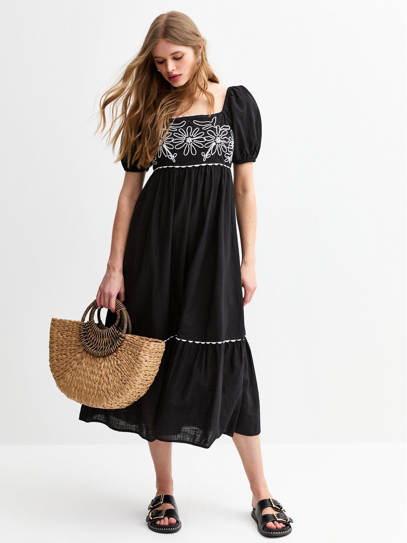 New Look Floral Embroidered Midi Smock Dress - Black