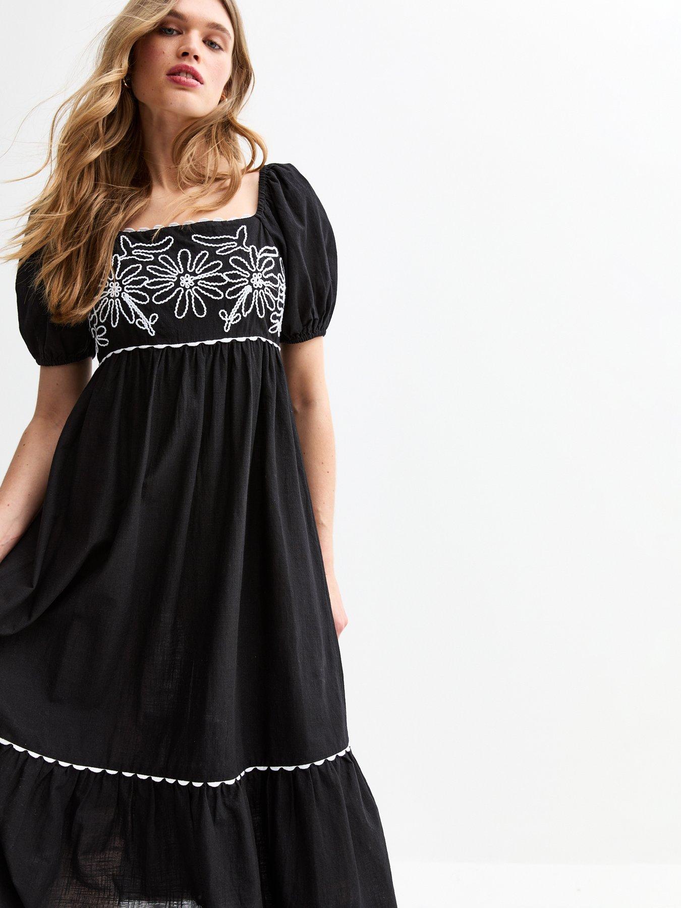 New Look Floral Embroidered Midi Smock Dress - Black | Very Ireland