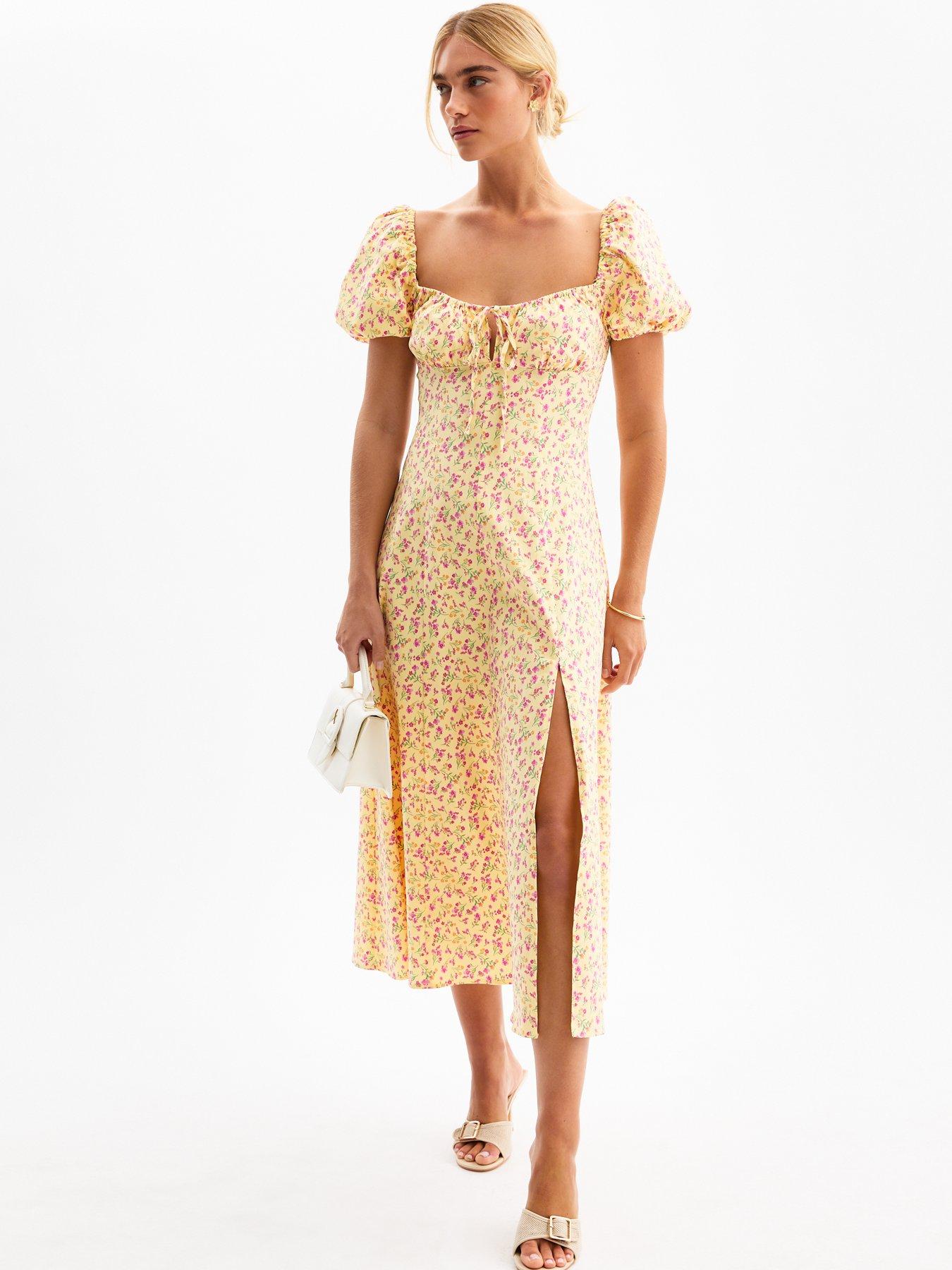 New Look Floral Print Puff Sleeve Midi Dress - Yellow
