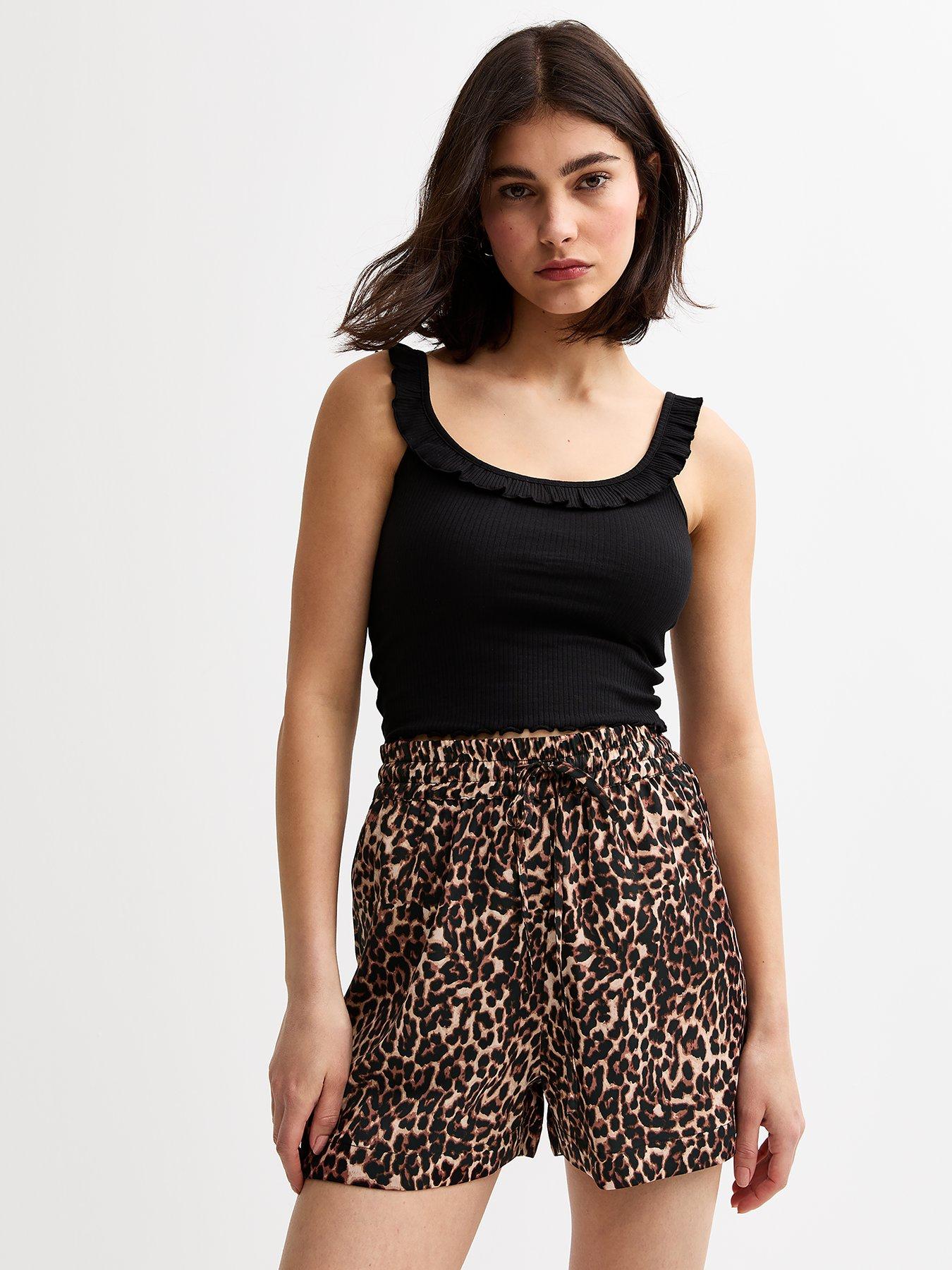 Image 1 of 4 of New Look Leopard Print Drawstring Waist Shorts - Brown