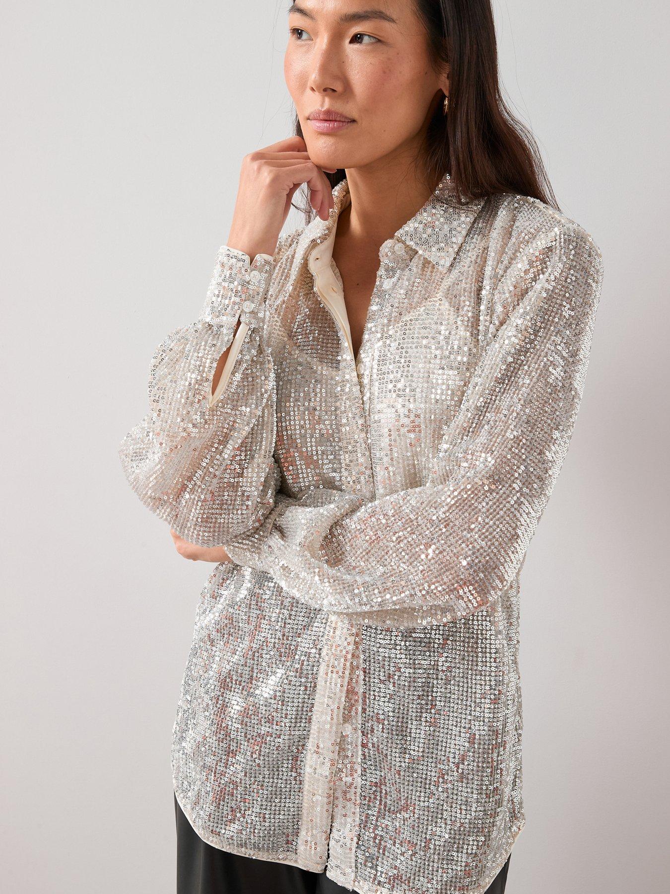 Image 1 of 6 of The Very Collection Sequin Longline Shirt - Champagne
