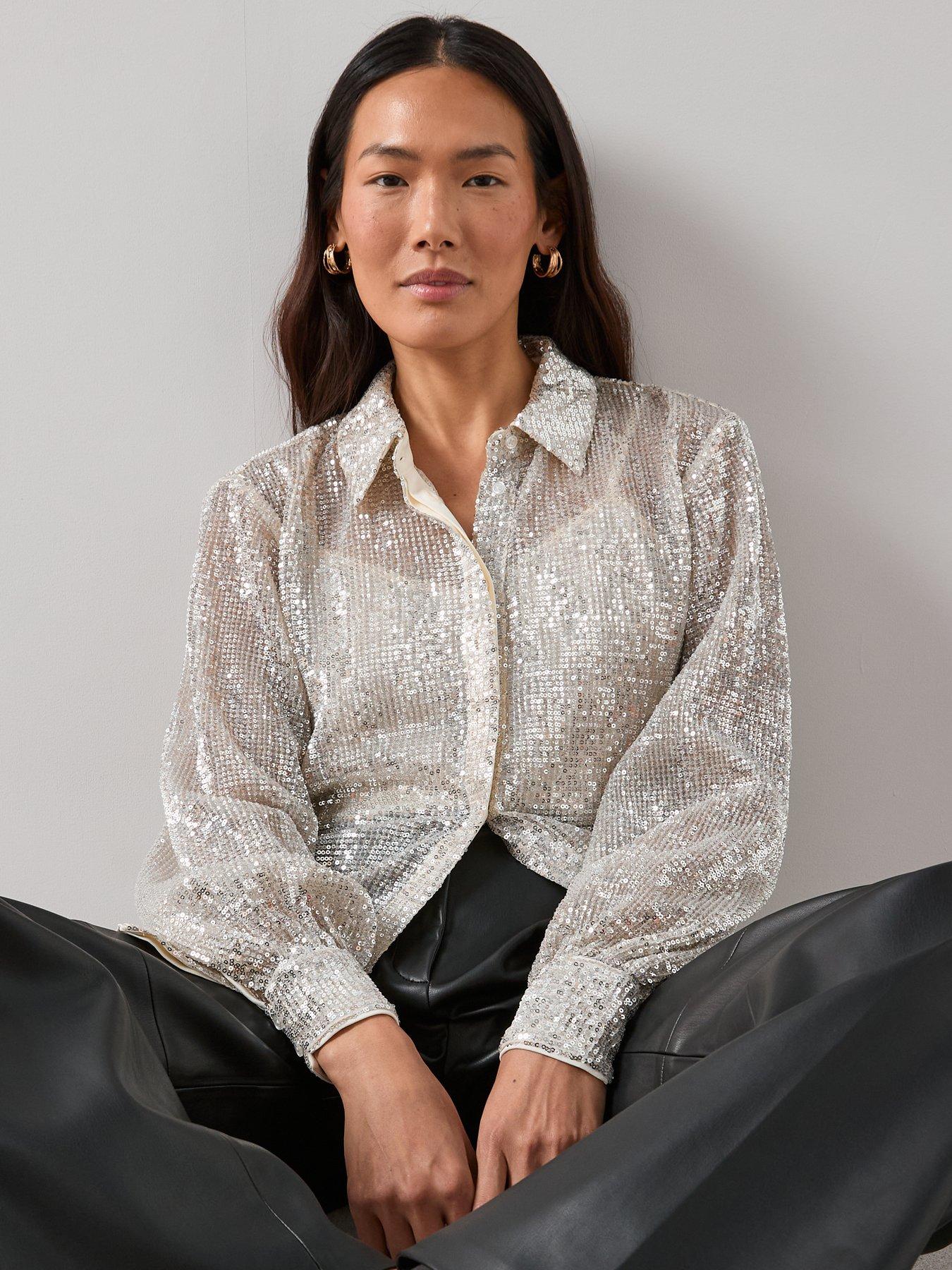 Image 5 of 6 of The Very Collection Sequin Longline Shirt - Champagne