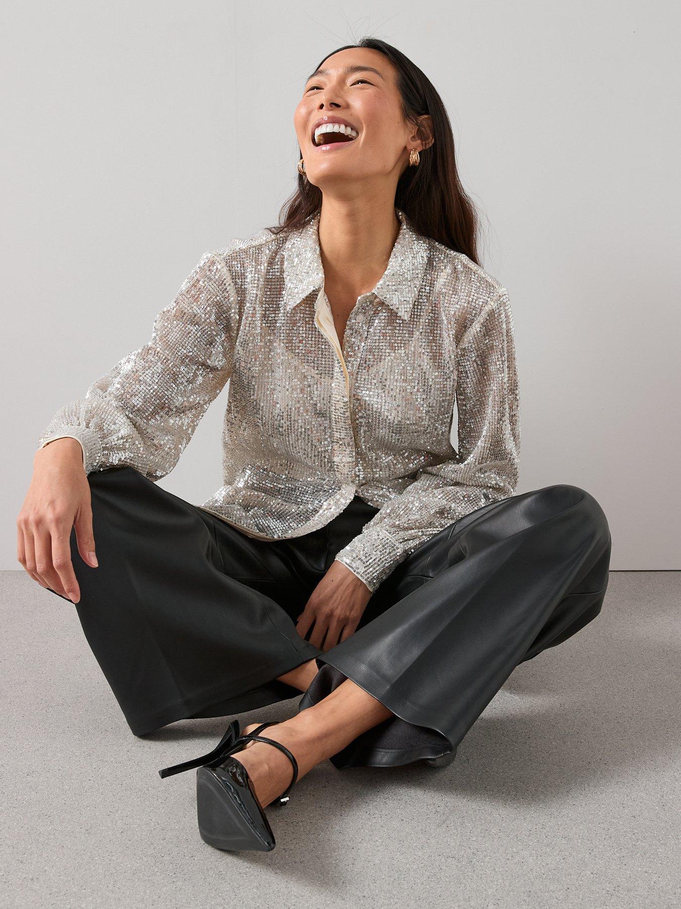 Image 6 of 6 of The Very Collection Sequin Longline Shirt - Champagne