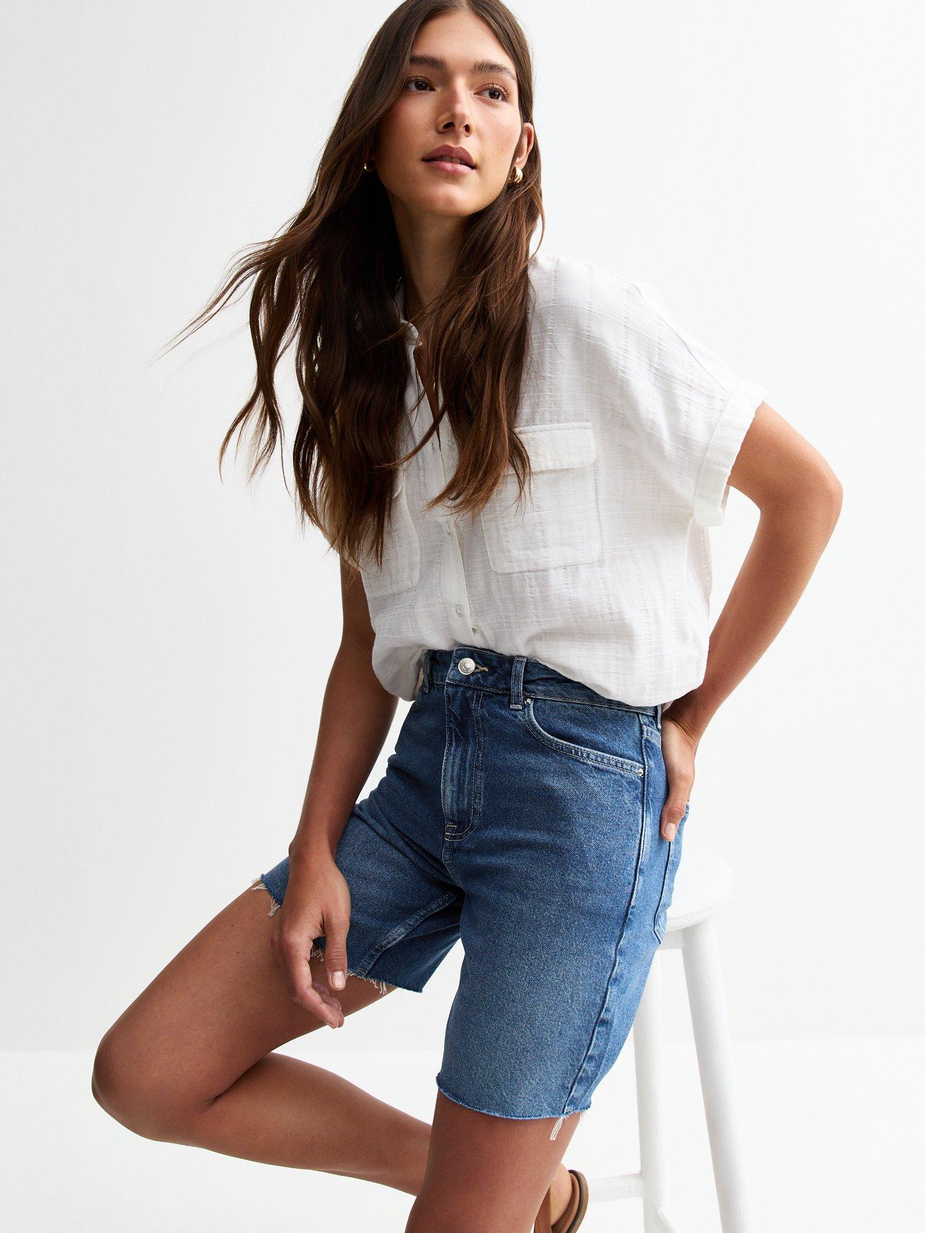 Image 1 of 5 of New Look Raw Hem Denim Bermuda Shorts - Blue