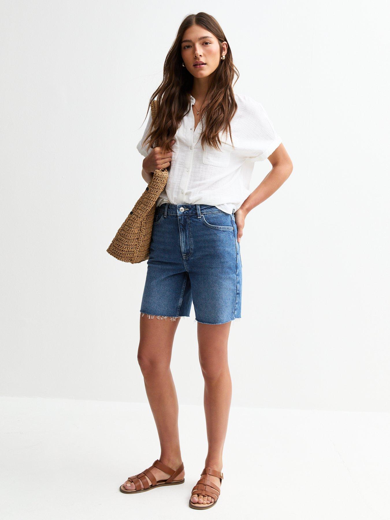Image 3 of 5 of New Look Raw Hem Denim Bermuda Shorts - Blue