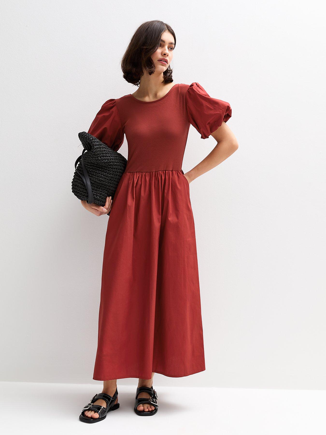 Image of New Look Contrast Skirt Midi Dress - Dark Red