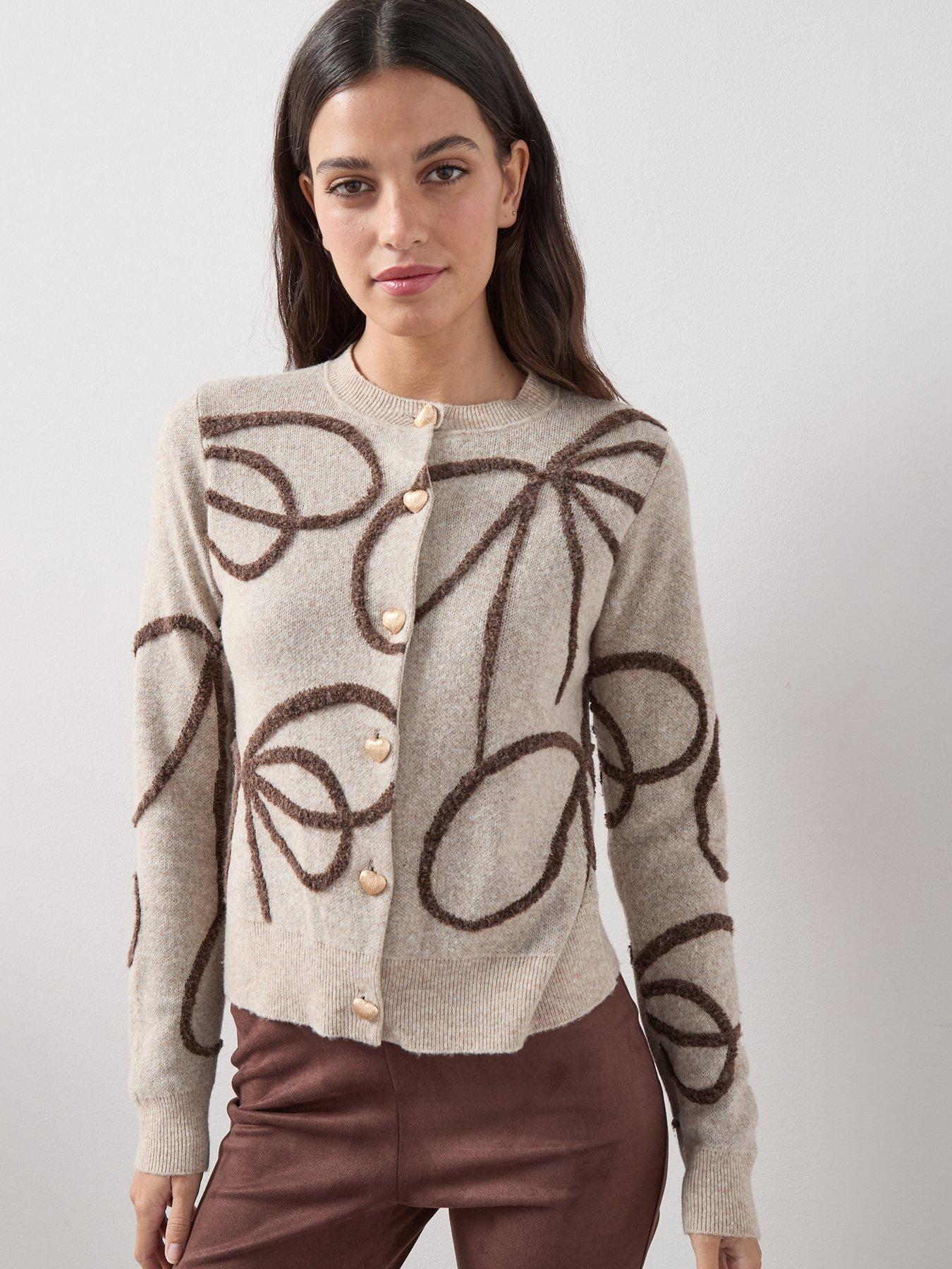 the-very-collection-crew-neck-brushed-yarn-bow-jacquard-cardigan-with-wool-beige