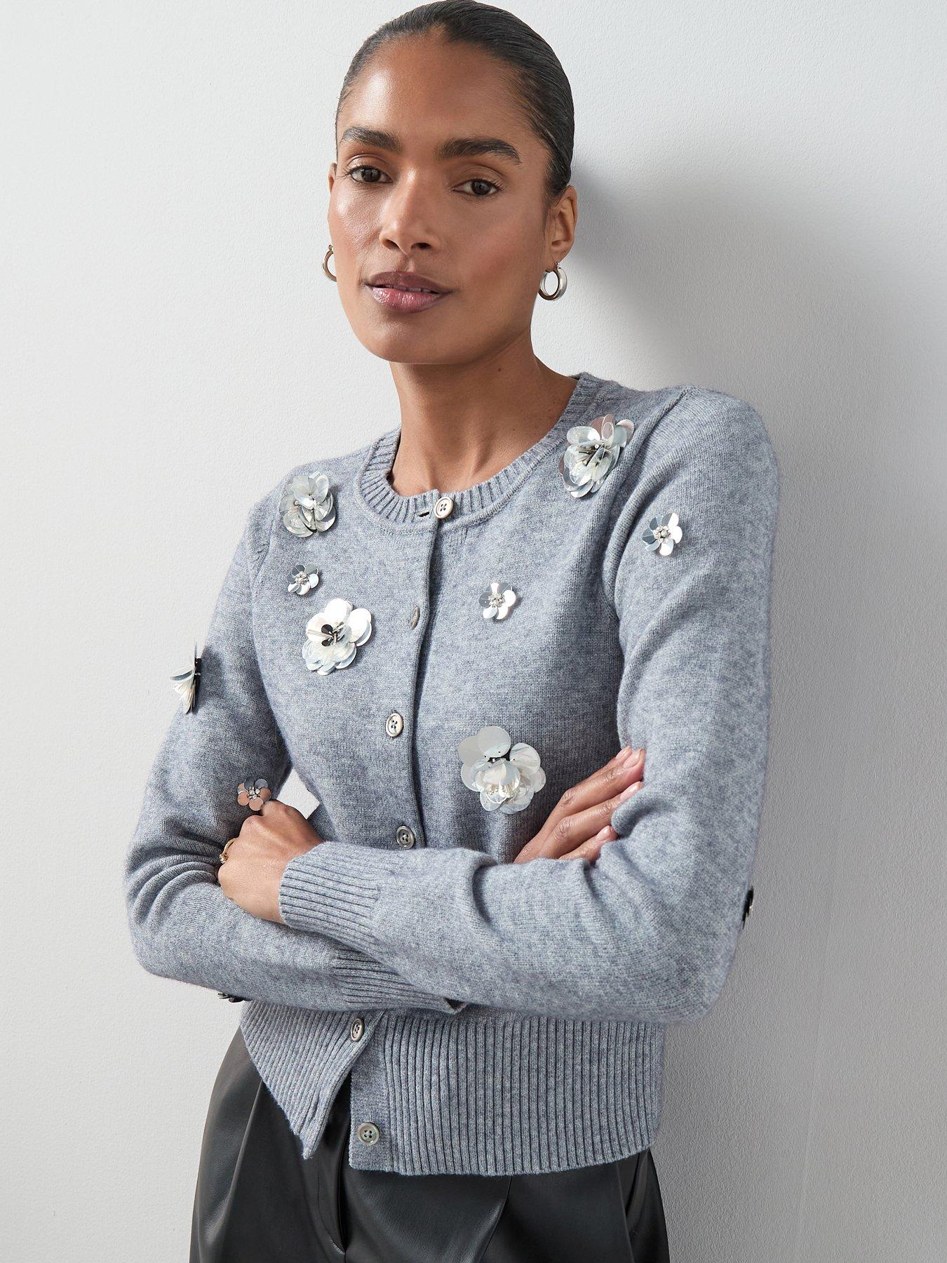 The Very Collection Crew Neck Flower Sequin Cardigan - Grey