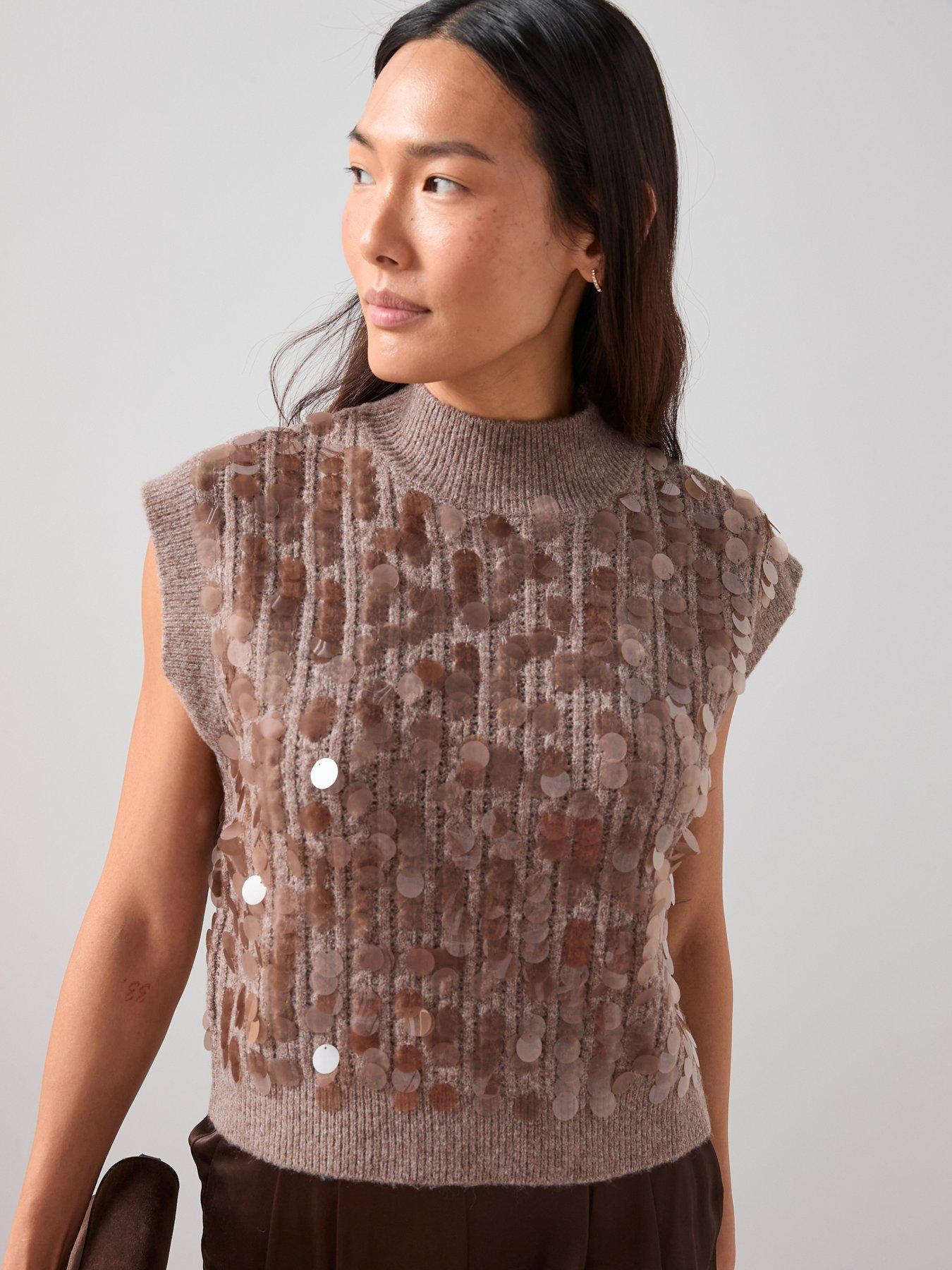 the-very-collection-style-yarn-funnel-neck-sleeveless-sequin-short-tank-with-wool-brown