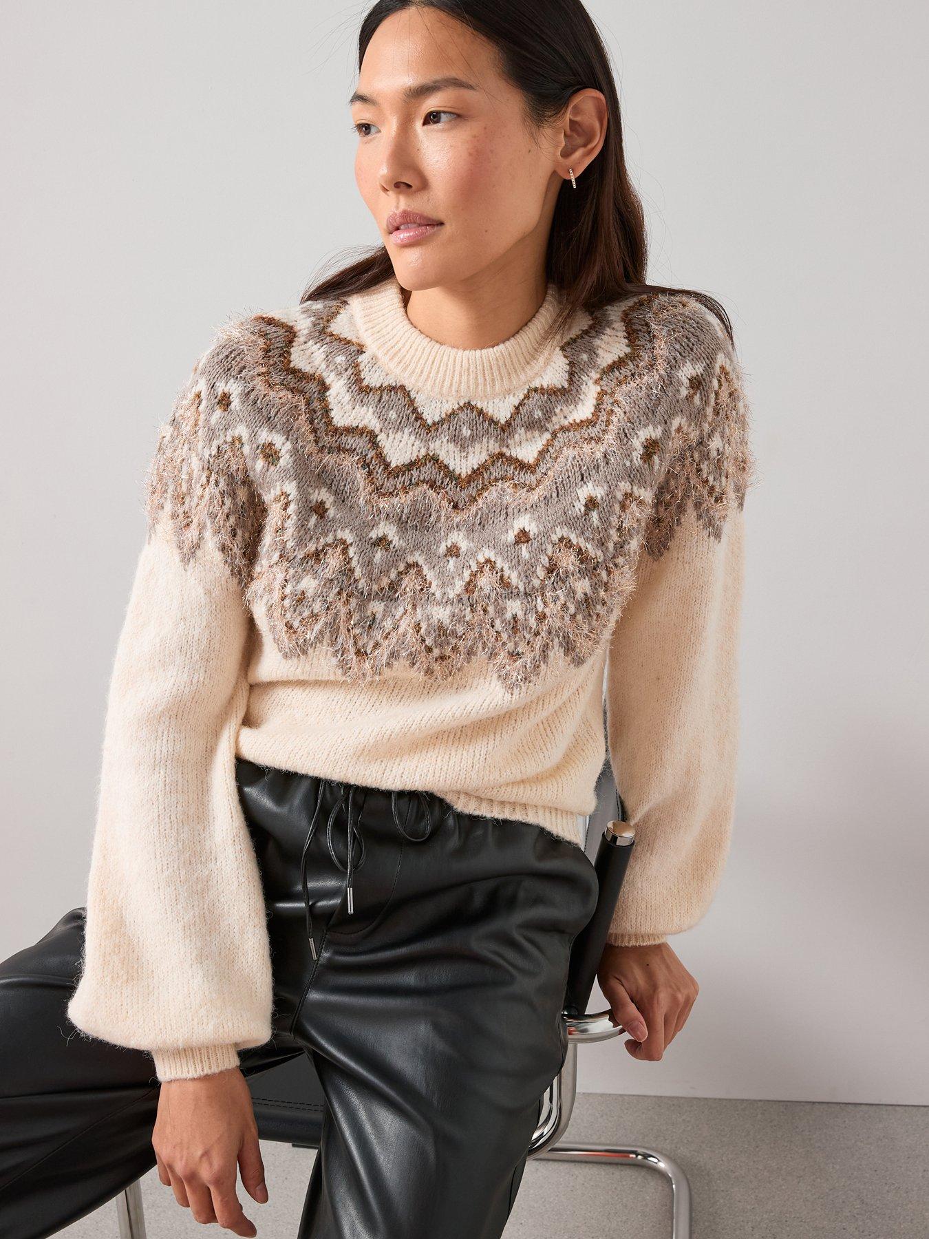 The Very Collection Crew Neck Lurex Fairisle Fine Knit Jumper With Wool - Cream
