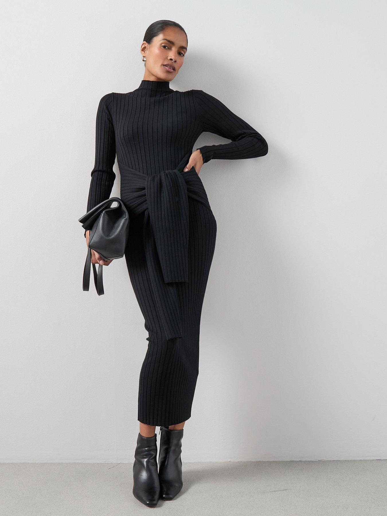 knee length dresses for ladies Black Knit Long Sleeve Collared Midi Dress – AX Paris