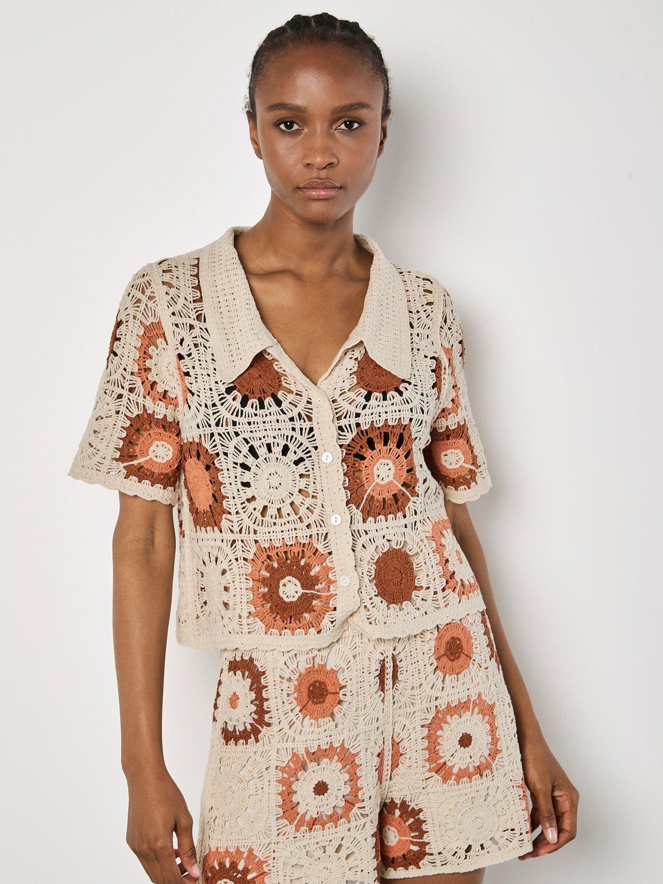 Image 1 of 4 of Apricot Crochet Squares Collar Top - Cream