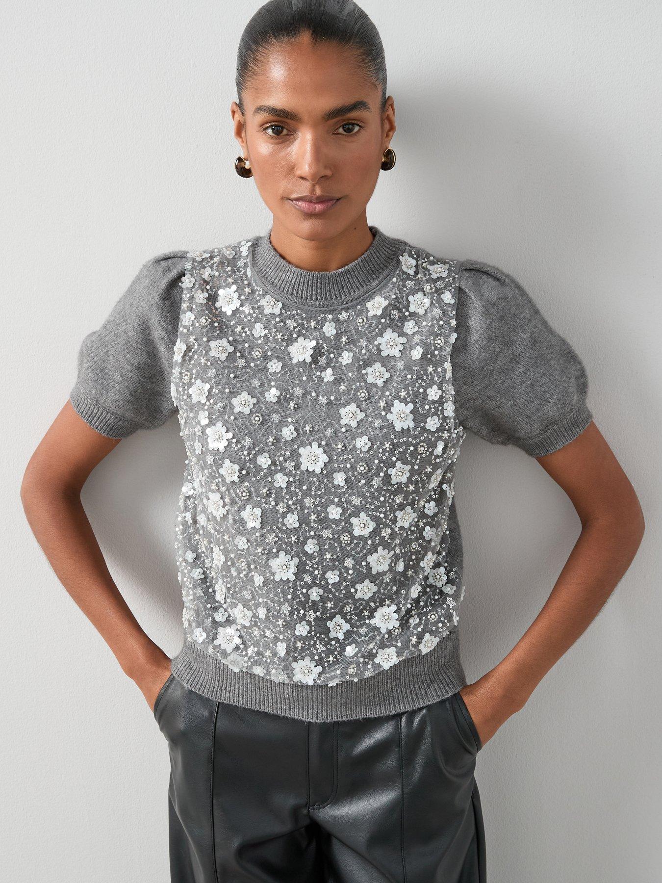 the-very-collection-short-sleeve-organza-overlay-knitted-jumper-grey
