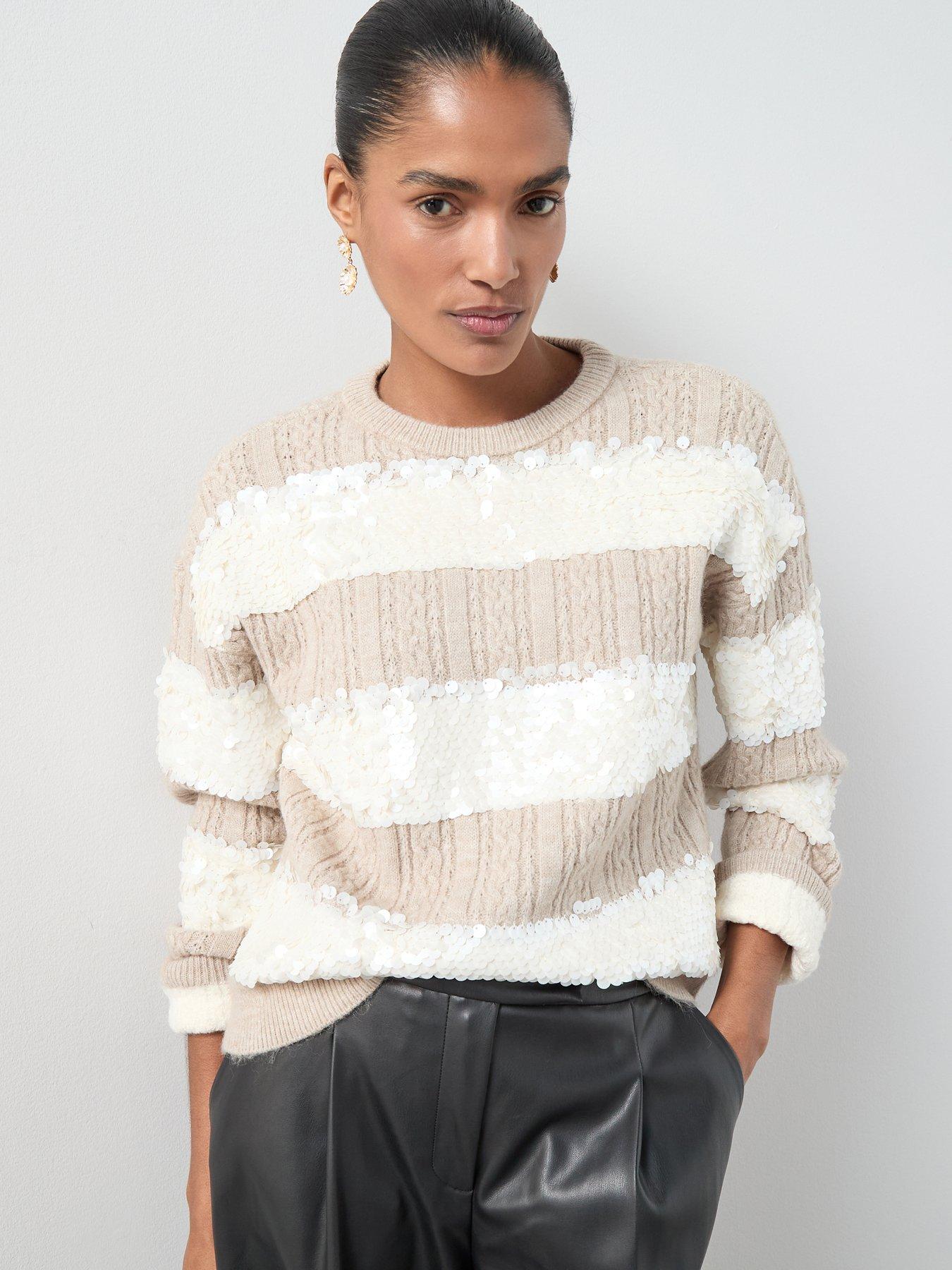 the-very-collection-crew-neck-sequin-cable-oversized-jumper-beige