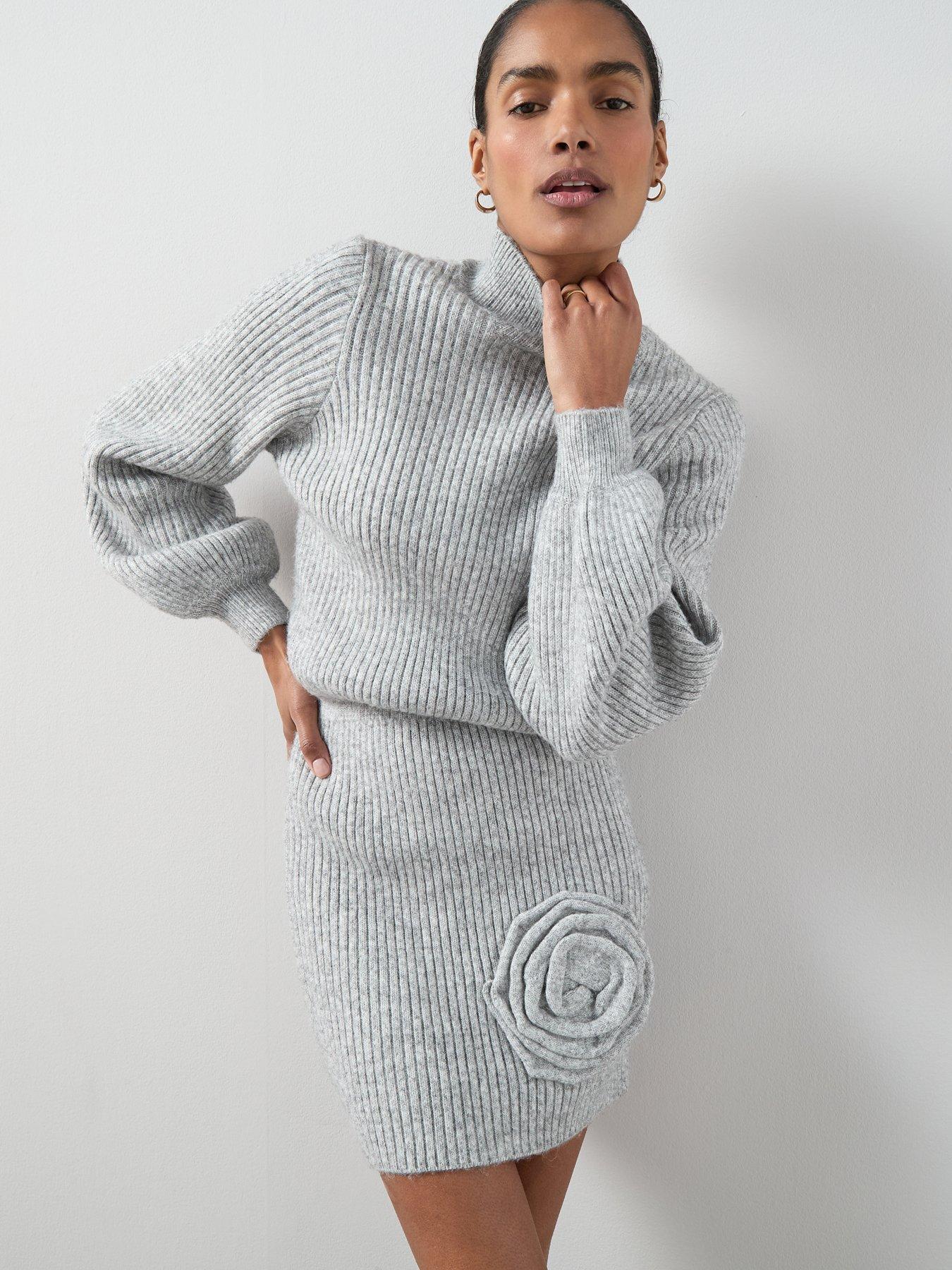 The Very Collection Timeless Yarn Funnel Neck 3D Flower Dress - Grey