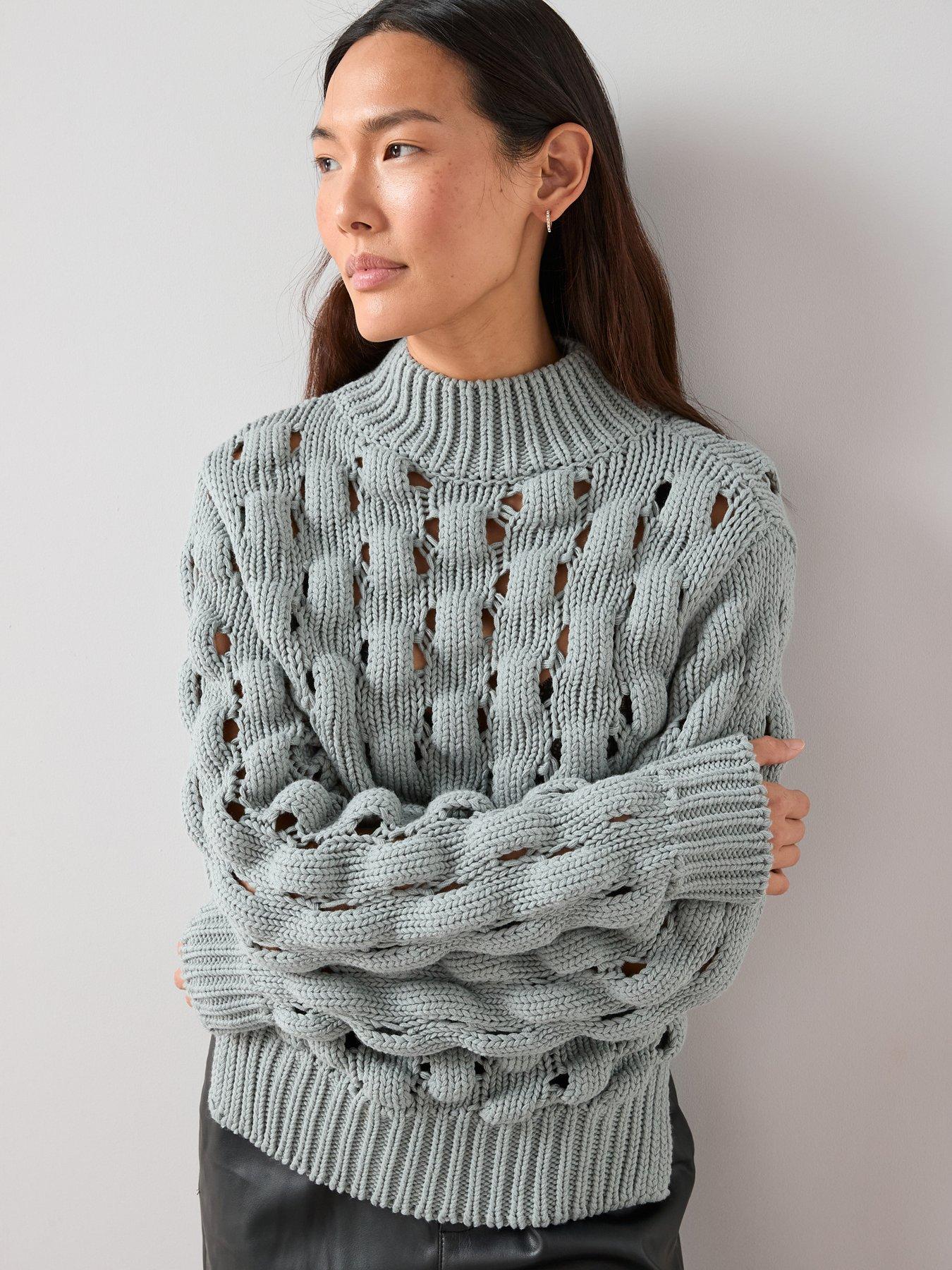 The Very Collection Cotton Rich Funnel Neck Bubble Stitch Jumper - Blue