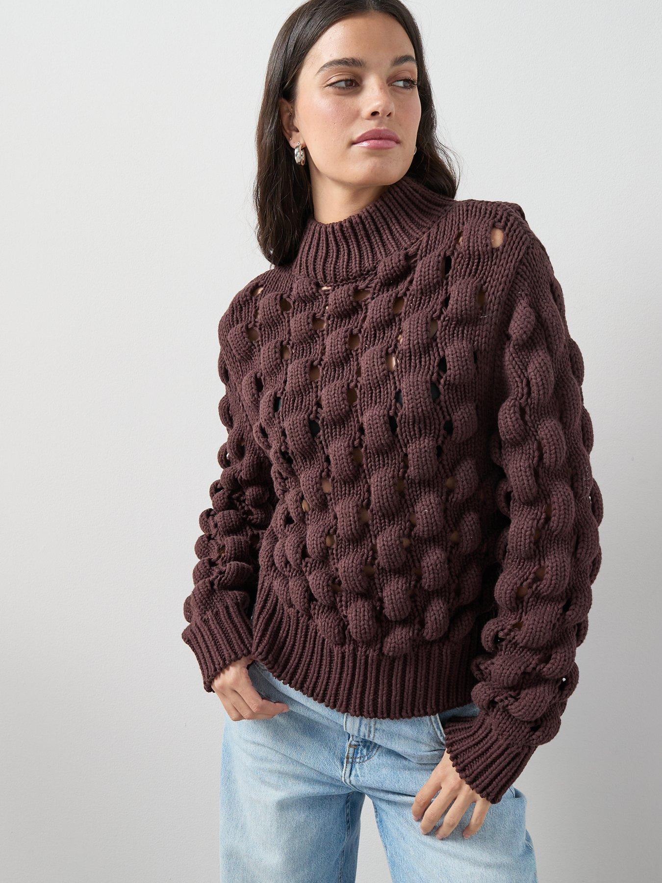the-very-collection-cotton-rich-funnel-neck-bubble-stitch-jumper-chocolate