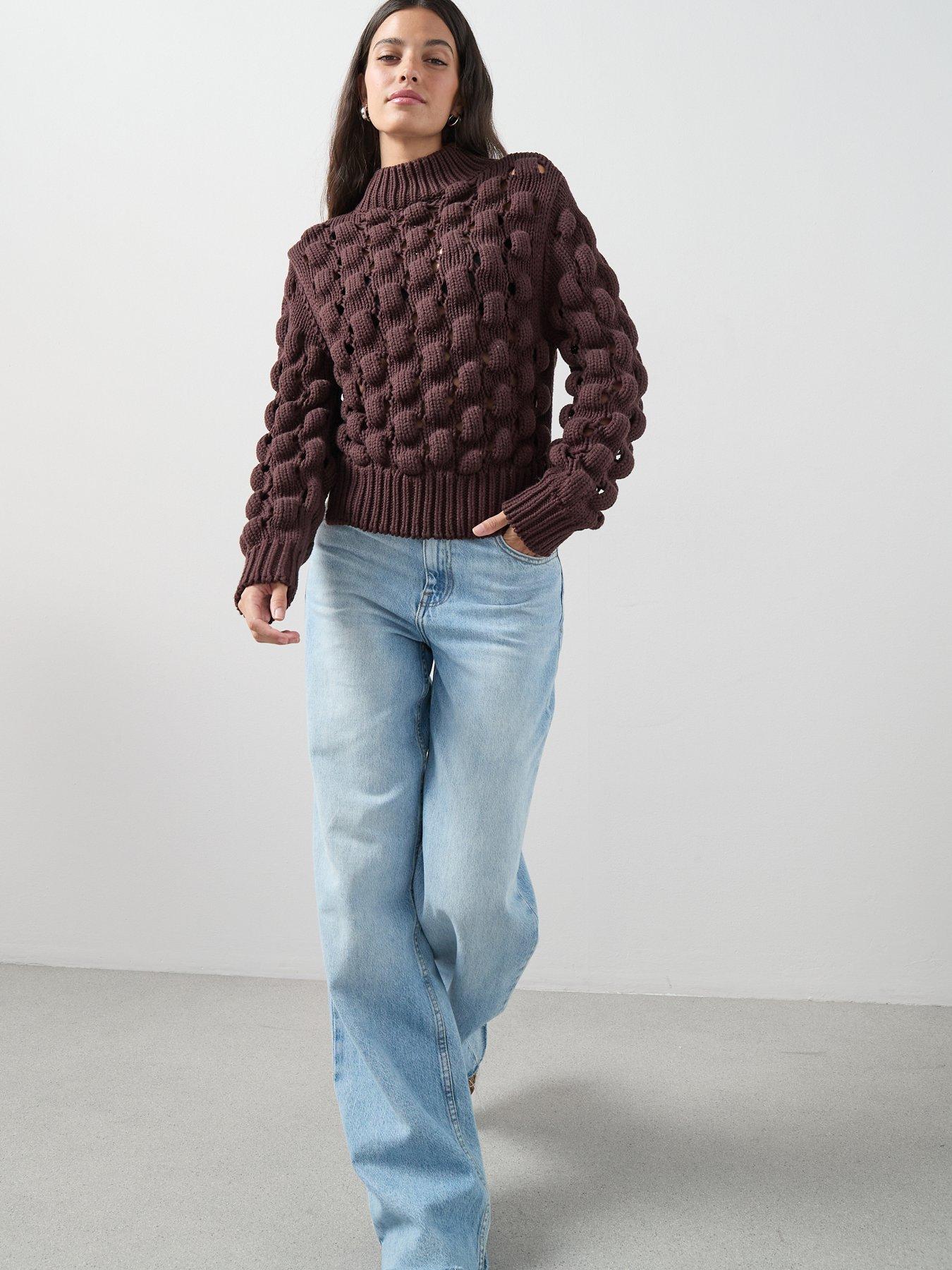 the-very-collection-cotton-rich-funnel-neck-bubble-stitch-jumper-chocolatedetail
