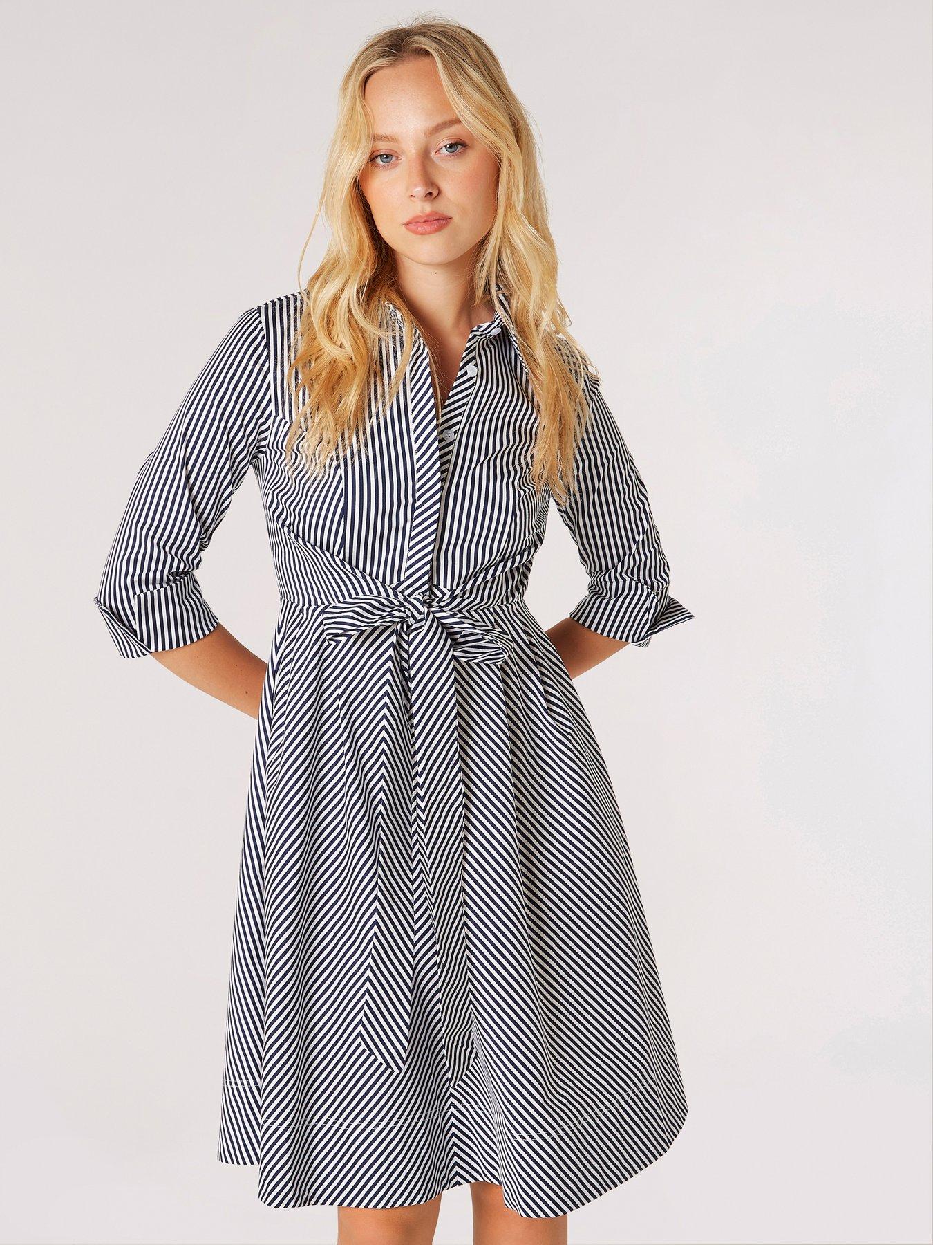 Image 1 of 5 of Apricot Tie Front Stripe Cotton Shirt Dress