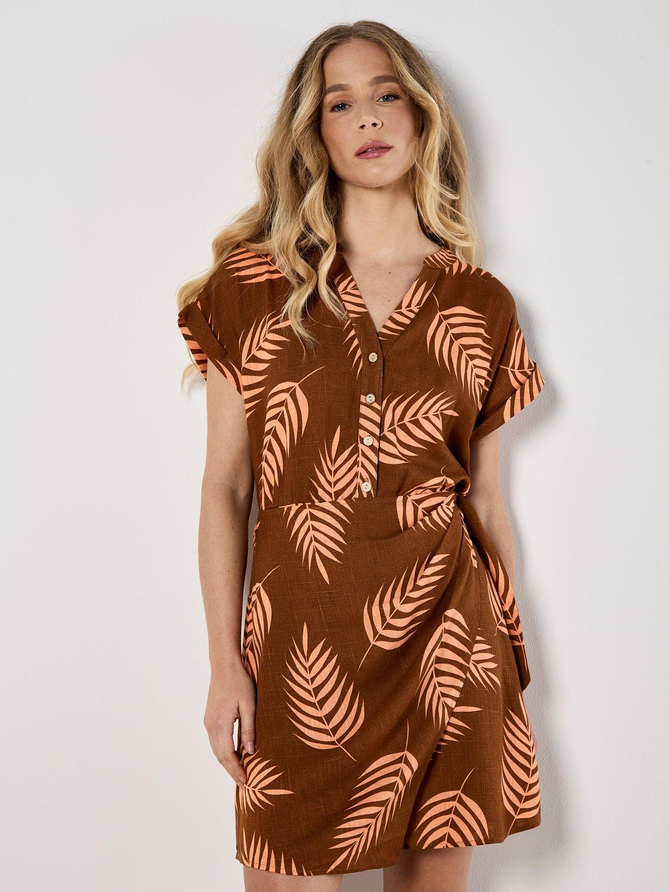 Image 1 of 5 of Apricot Tropical Leaf Wrap Dress - Orange