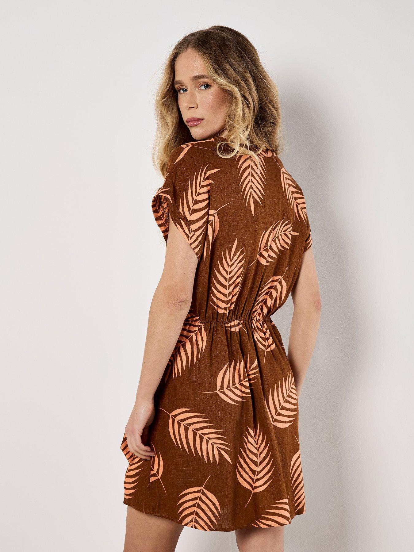 Image 2 of 5 of Apricot Tropical Leaf Wrap Dress - Orange