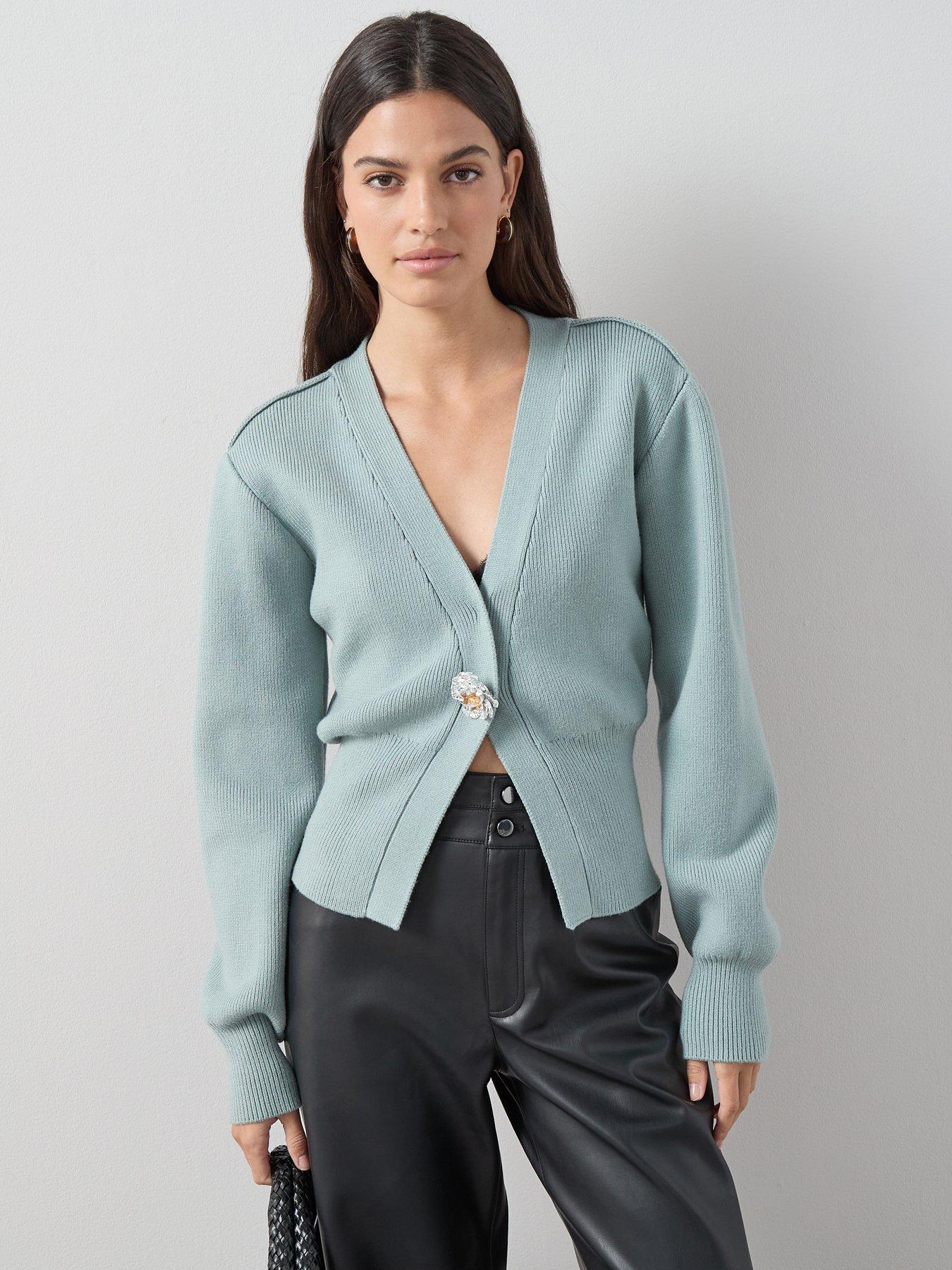 The Very Collection V Neck Sinched Waist Cardigan with Detachable Brooch - Blue