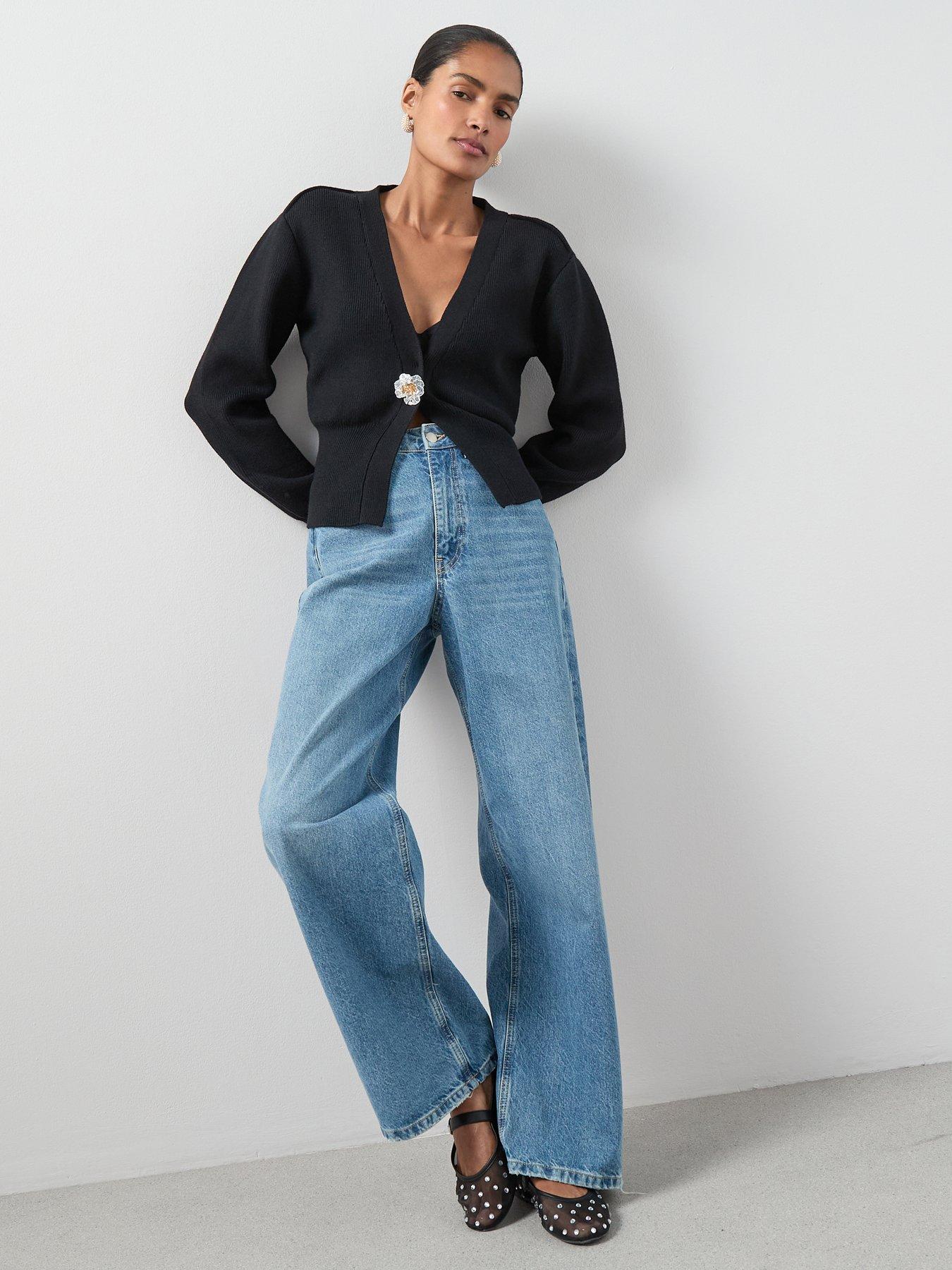 the-very-collection-v-neck-cinched-waist-cardigan-with-detachable-brooch-blackfront