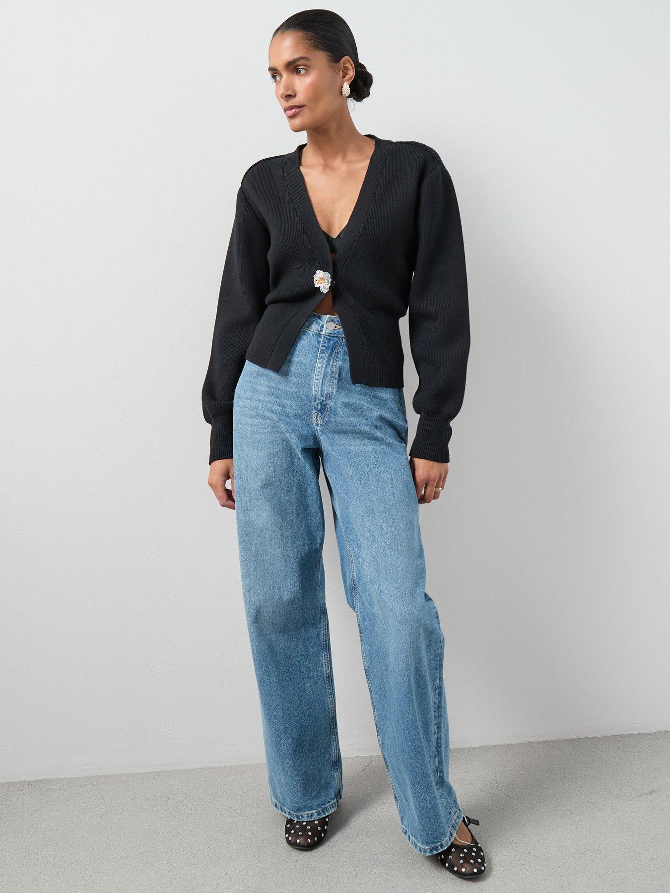 the-very-collection-v-neck-cinched-waist-cardigan-with-detachable-brooch-blackback