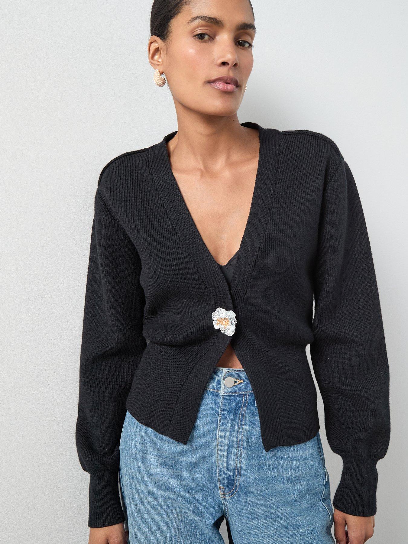 the-very-collection-v-neck-cinched-waist-cardigan-with-detachable-brooch-blackoutfit