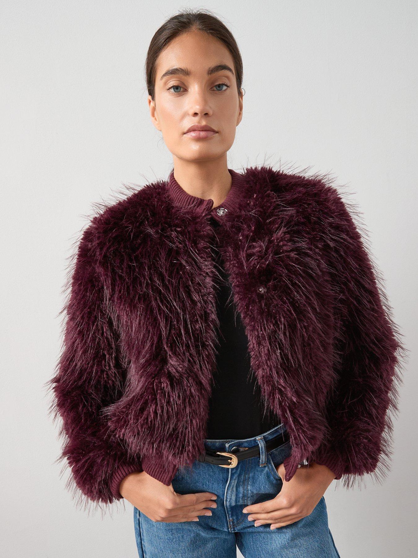 The Very Collection Crew Neck Faux Fur Cardigan - Burgundy