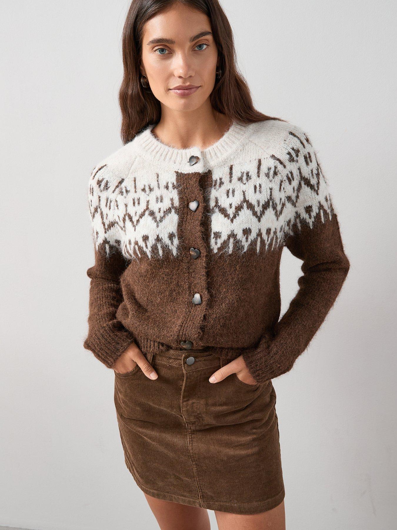 The Very Collection Crew Neck Fairisle Jacquard Cardigan With Wool - Chocolate