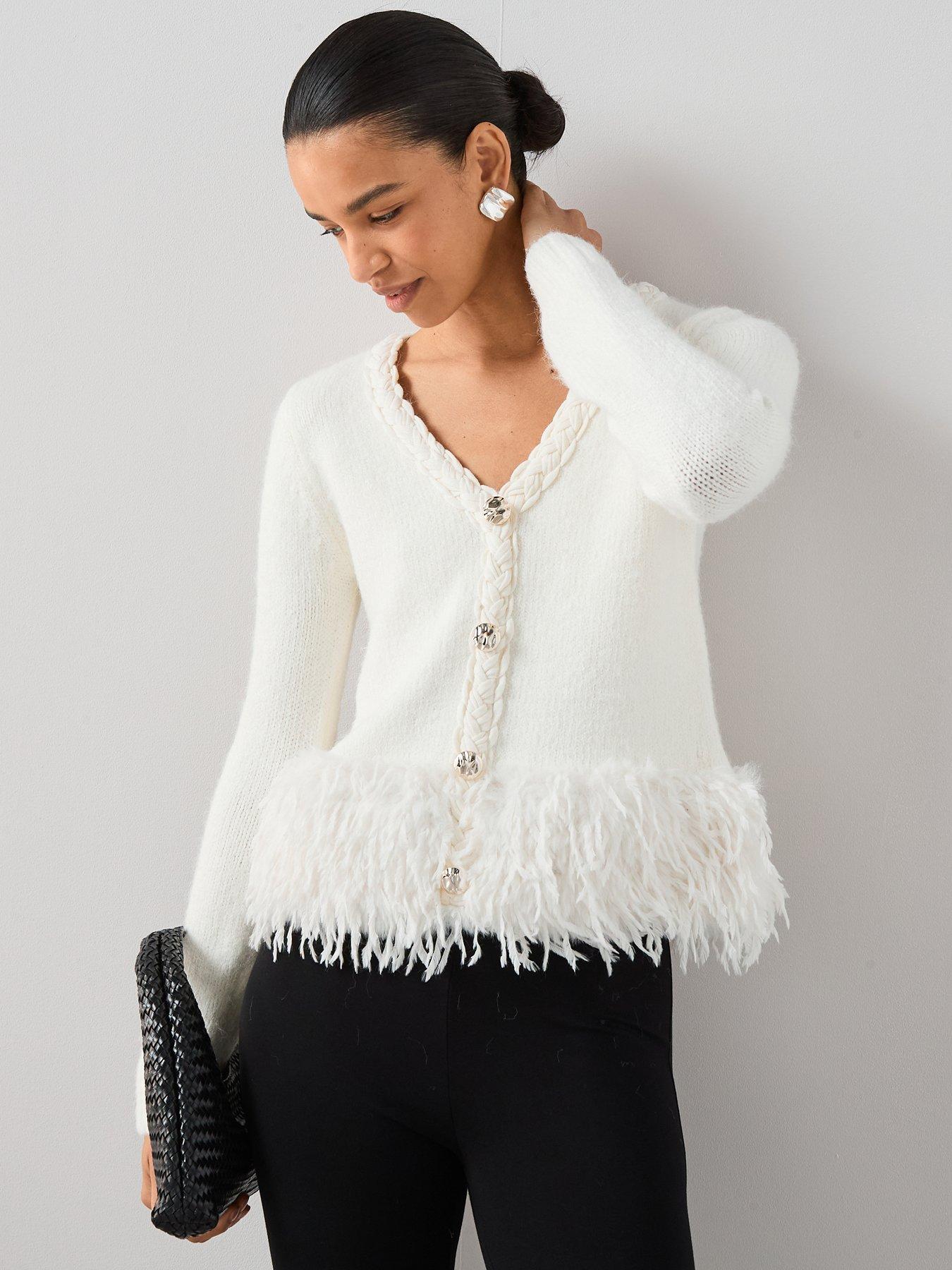 The Very Collection Plait Detail Faux Fur Trim Cardigan - Cream