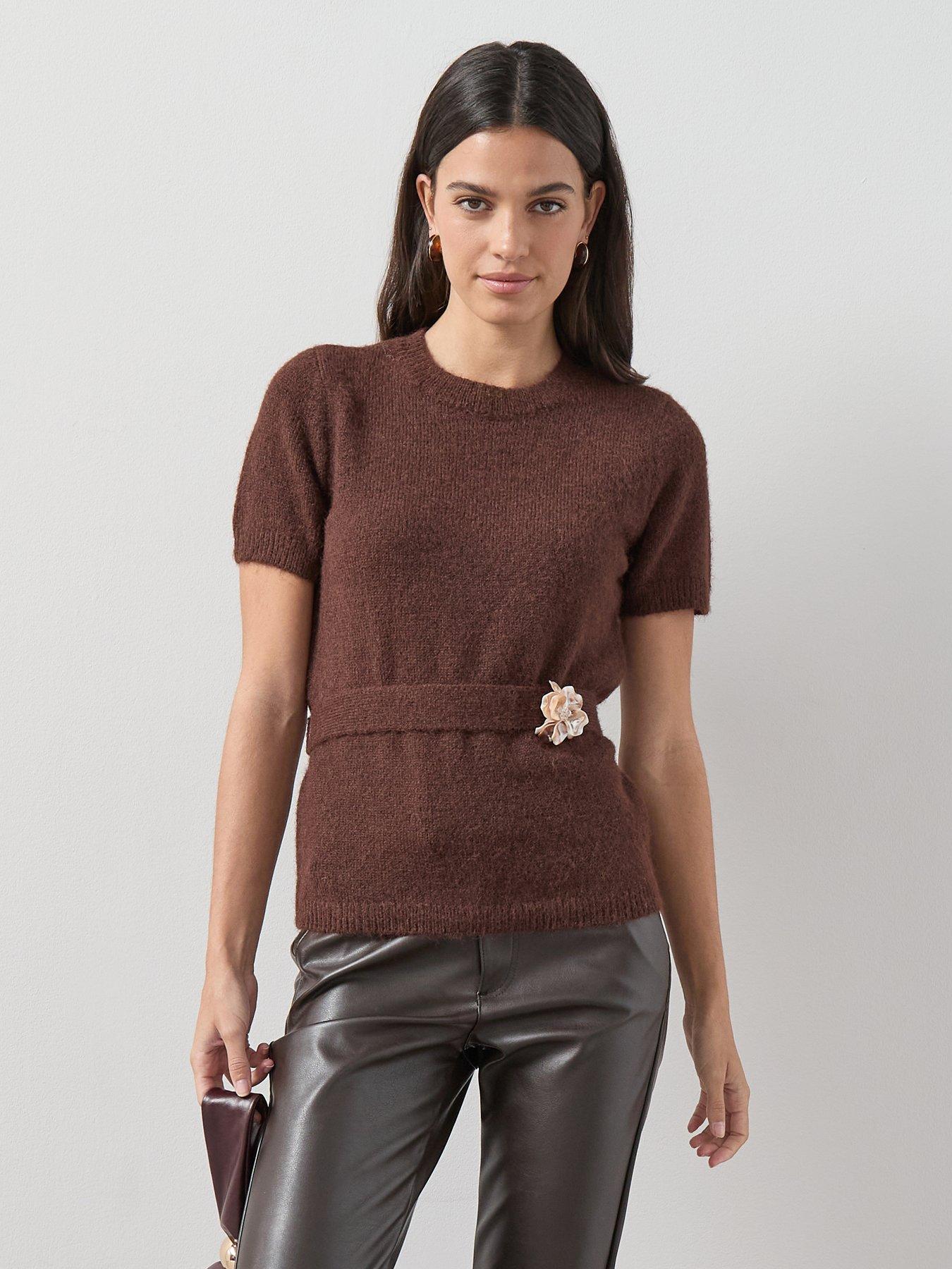 The Very Collection Crew Neck Belted Jumper with Detachable Brooch - Chocolate