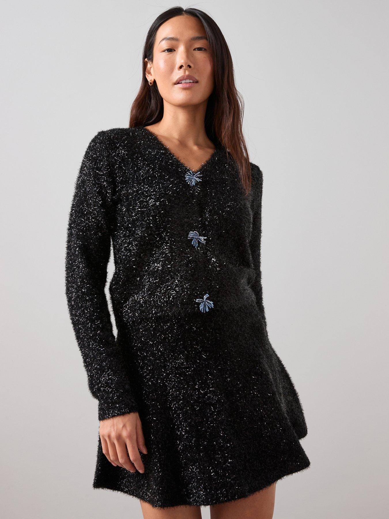 Image 6 of 7 of The Very Collection Fit And Flare Tinsel Knitted Mini Skirt Co-Ord - Black