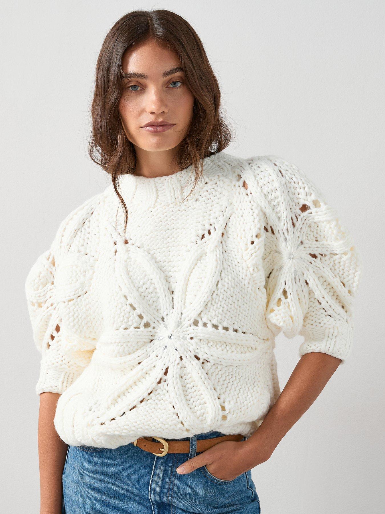 The Very Collection Crew Neck Hand Knitted Embellished Jumper - Cream