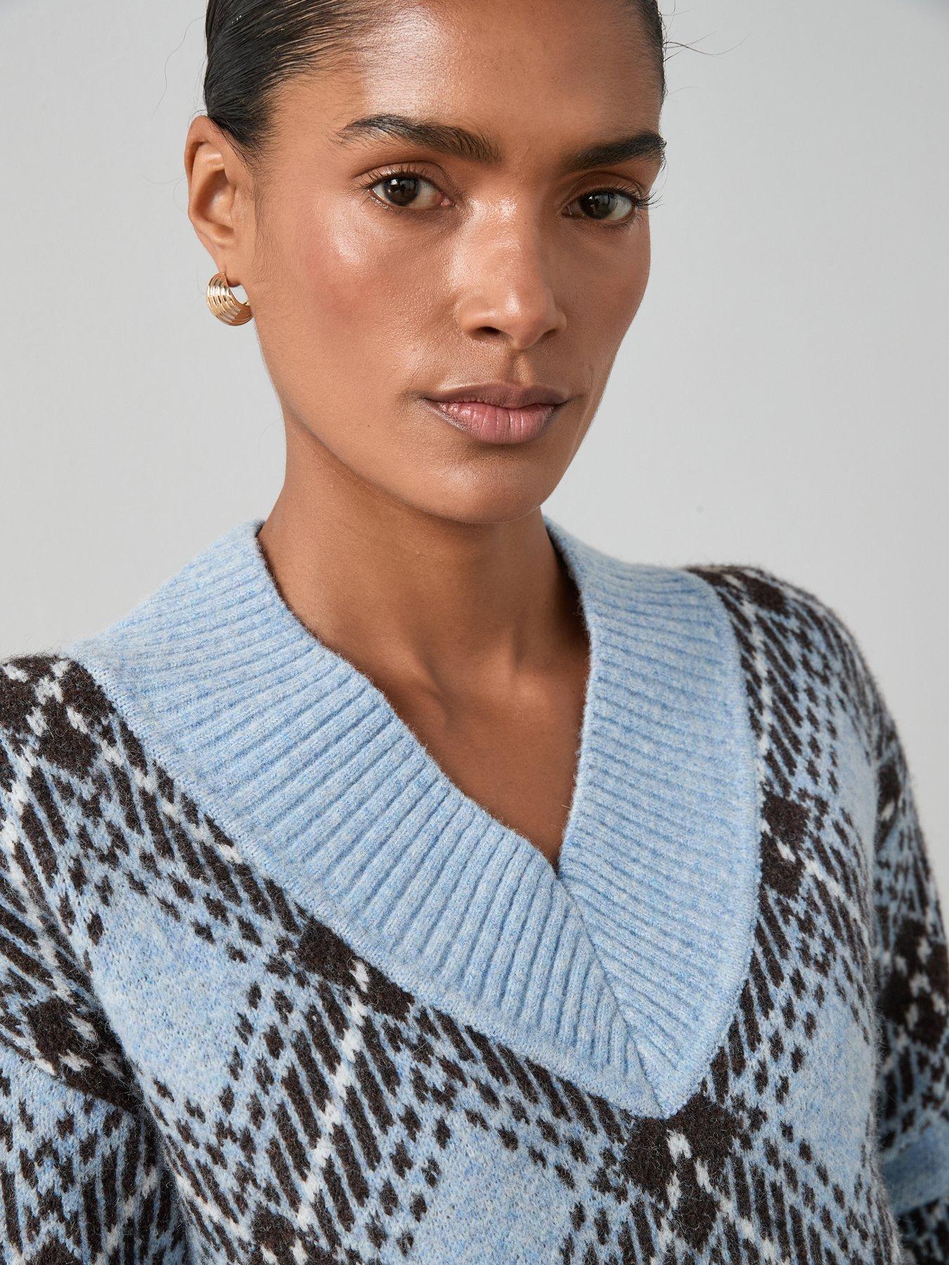 Image 4 of 6 of The Very Collection Deep V Neck Argyle Jacquard Jumper With Wool - Blue