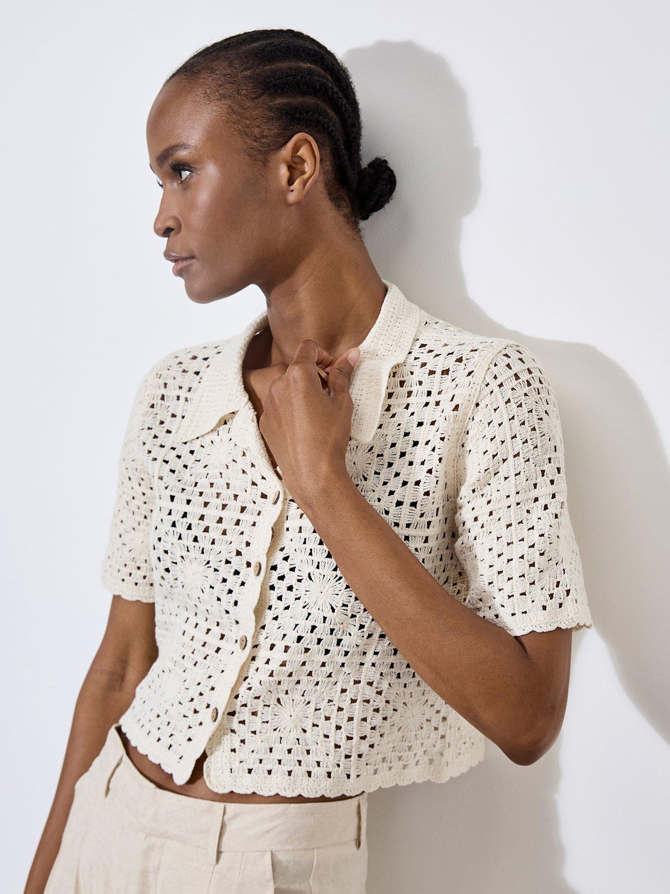 Image 1 of 4 of Apricot Crochet Collar Cropped Top - Cream