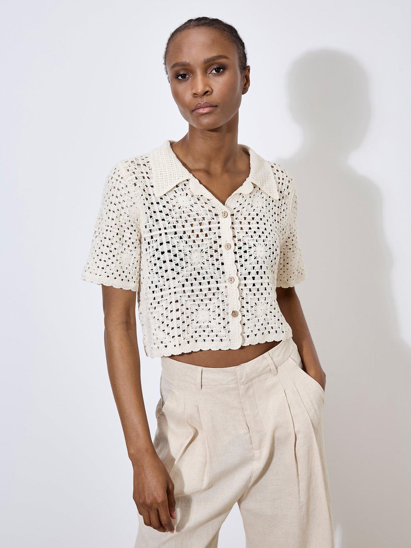 Image 4 of 4 of Apricot Crochet Collar Cropped Top - Cream