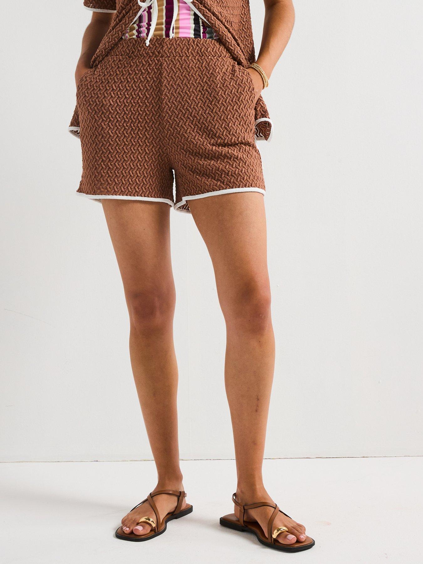 Image of V by Very Textured Contrast Trim Shorts Co-Ord - Brown