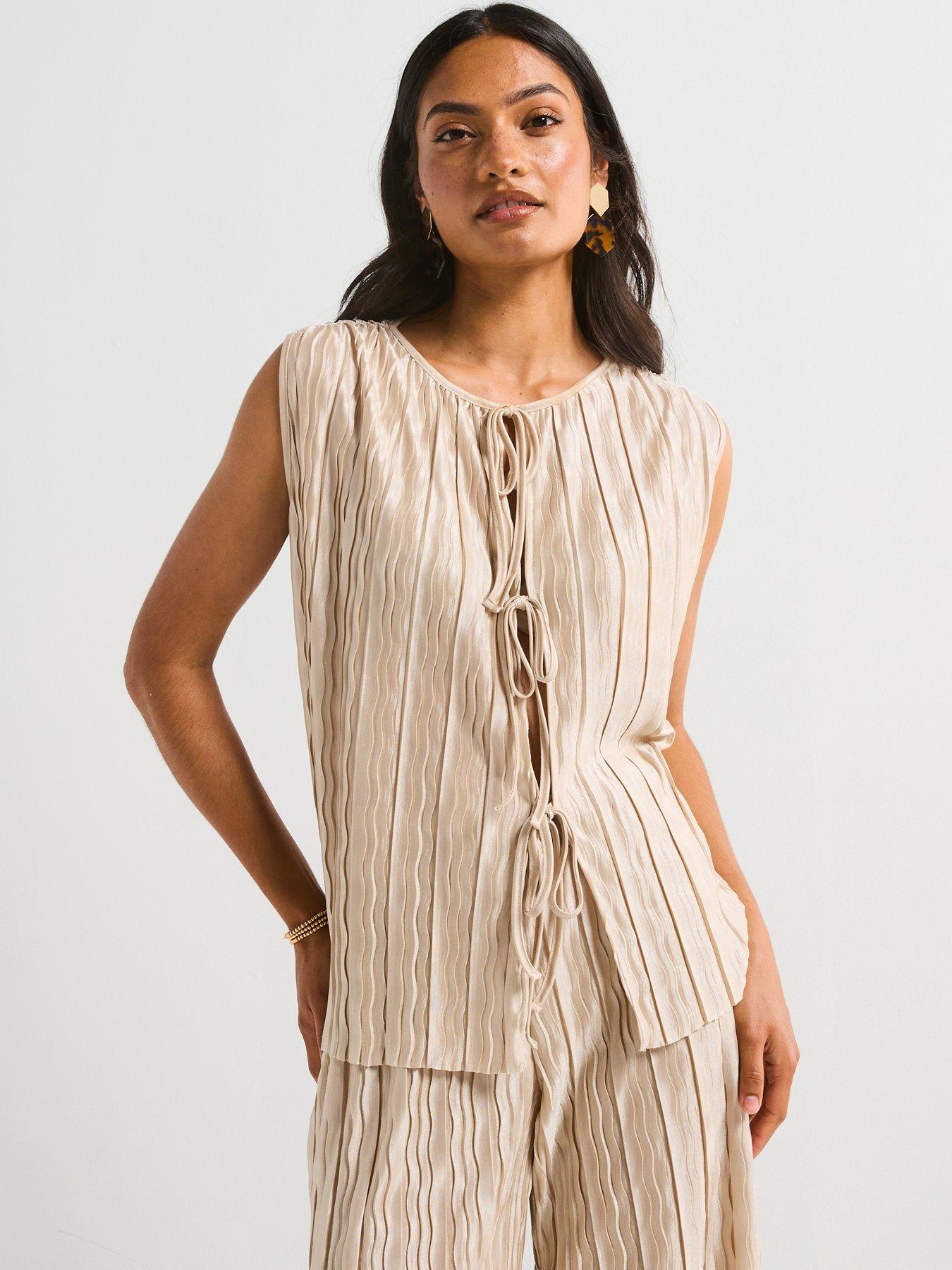 Image 1 of 5 of V by Very Tie Front Textured Top Co-Ord - Nude