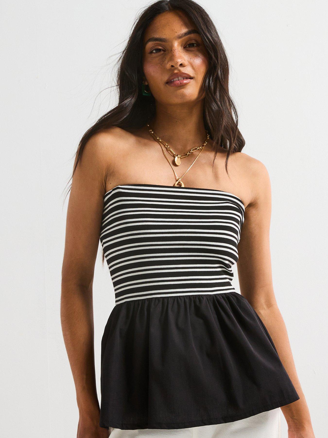 V by Very Strapless Woven Mix Peplum Top - Mono