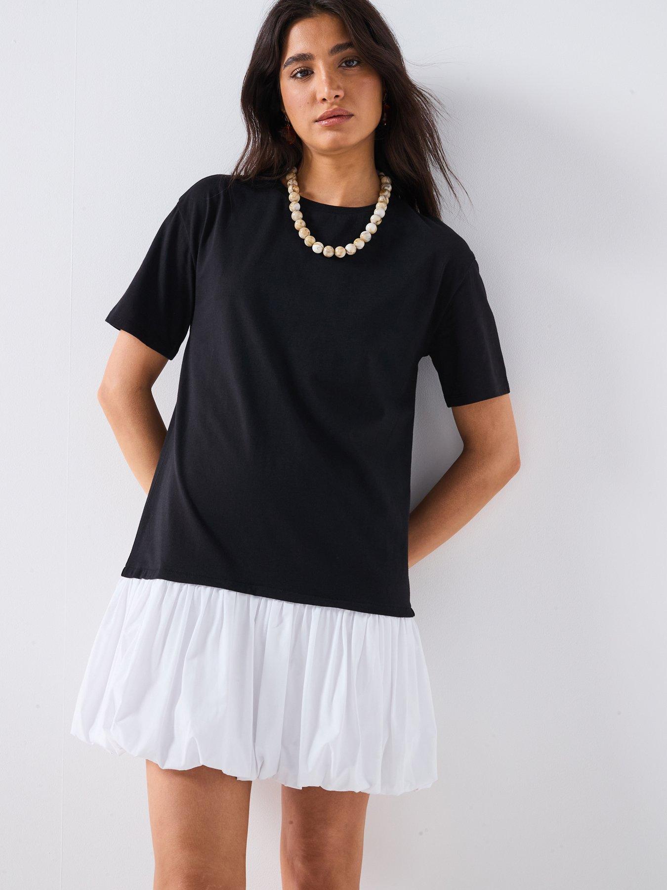 Image 1 of 6 of V by Very Puff Ball Crew Neck Mini Dress - Black