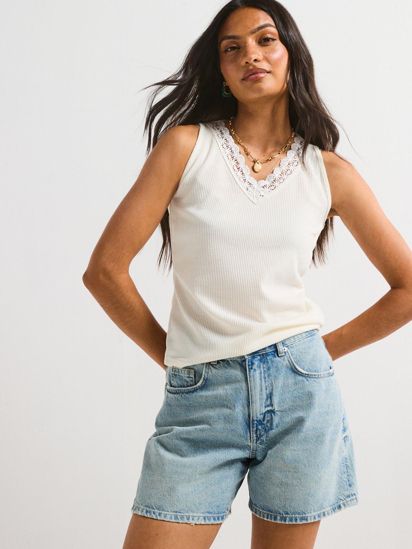 Image of V by Very Crochet Trim V Neck Vest - Cream