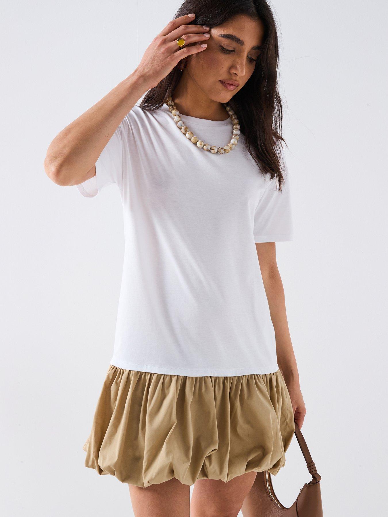 V by Very Puff Ball Crew Neck Mini Dress - White
