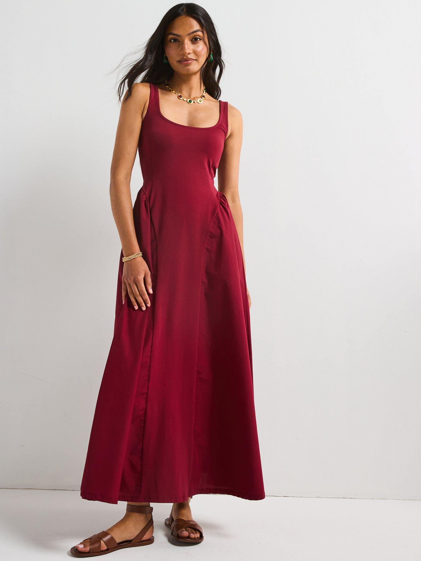 undefined Woven Mix Midaxi Dress - Burgundy