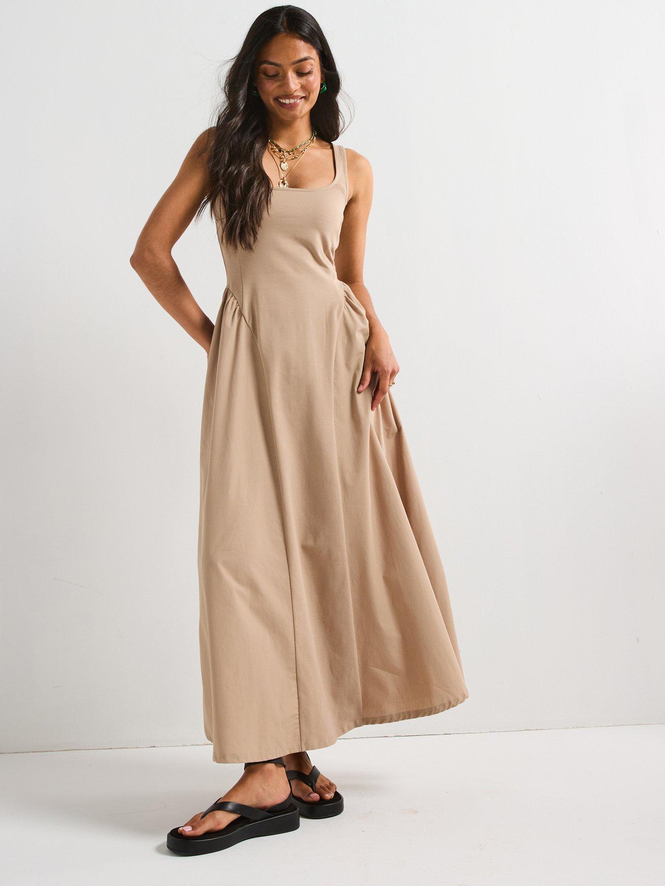 Image 1 of 5 of V by Very Woven Mix Midaxi Dress - Taupe