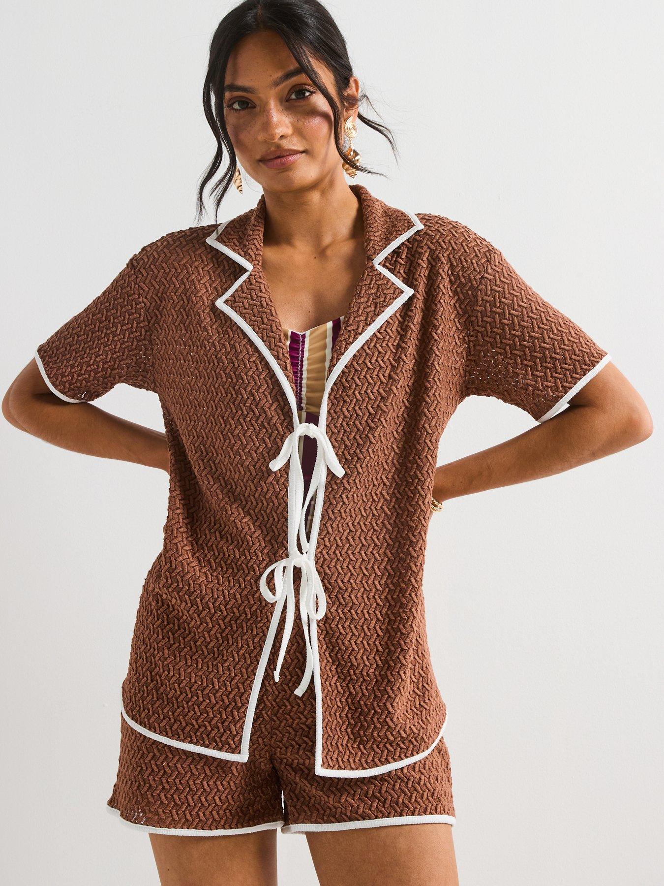 Image of V by Very Textured Tie Front Top Contrast Trim Co-Ord - Brown
