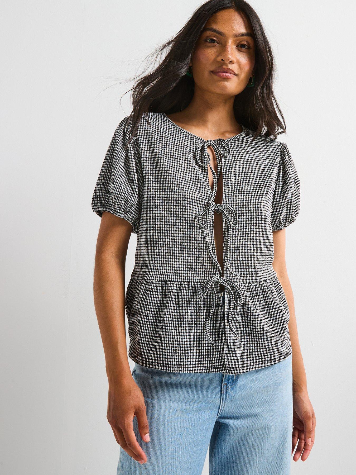 Image 1 of 6 of V by Very Puff Sleeve Tie Front Gingham Top - Black