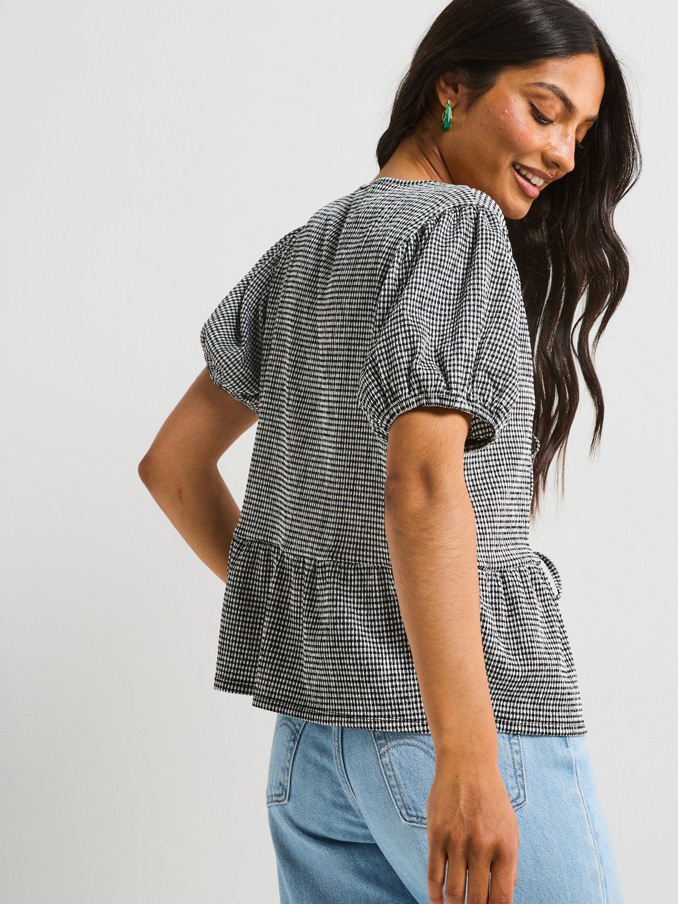 Image 2 of 6 of V by Very Puff Sleeve Tie Front Gingham Top - Black