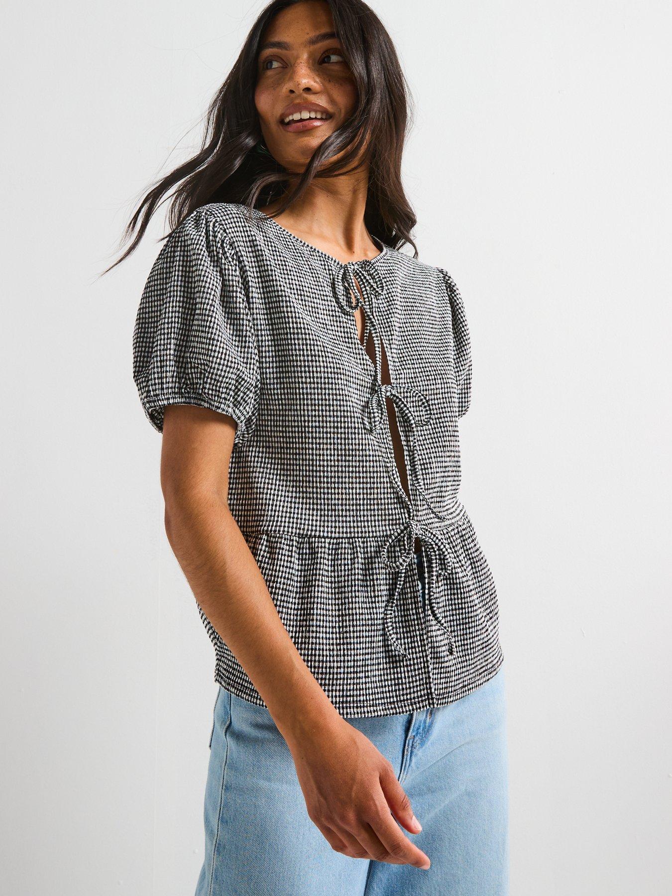 Image 4 of 6 of V by Very Puff Sleeve Tie Front Gingham Top - Black
